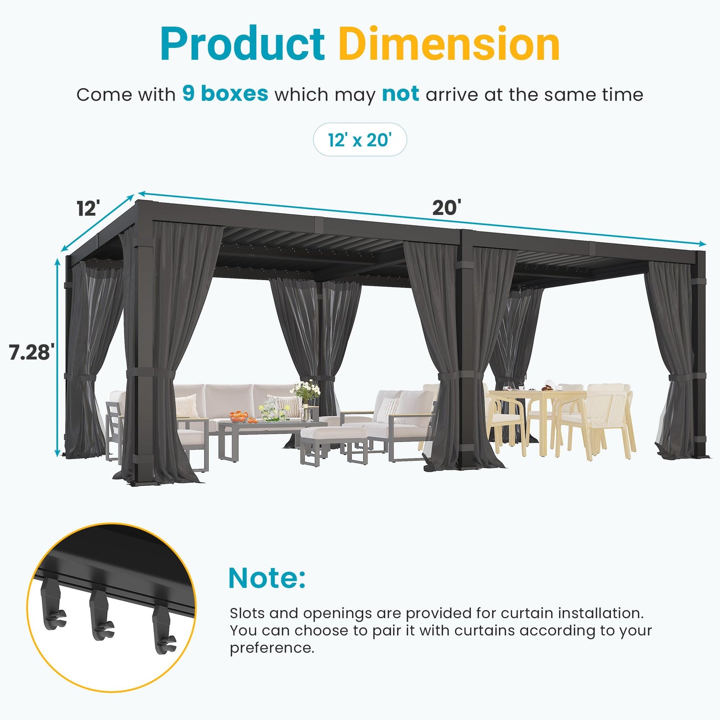12' x 20' Louvered Pergola, Outdoor Pergola with Curtains & Netting, Metal Patio Pergola with Adjustable Louvers Roof and Gutter System, Metal Hardtop Gazebo for Patio, Deck, Garden, Yard, Dark Gray