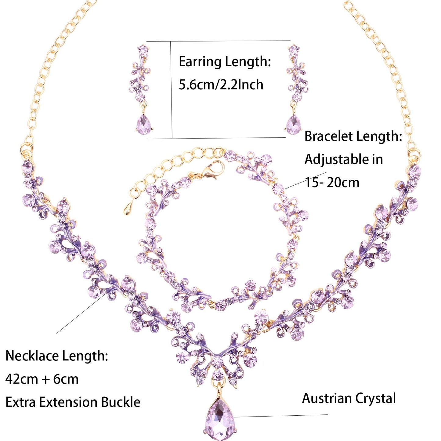 3Pcs Austrian Crystal Jewelry Set for Women, Necklace Dangle Earrings Link Bracelet Jewelry Set with Gold/Platinum/Gun Plated, Wedding Party Jewelry for Bridal Bridesmaid (Violet-Gold Plated)