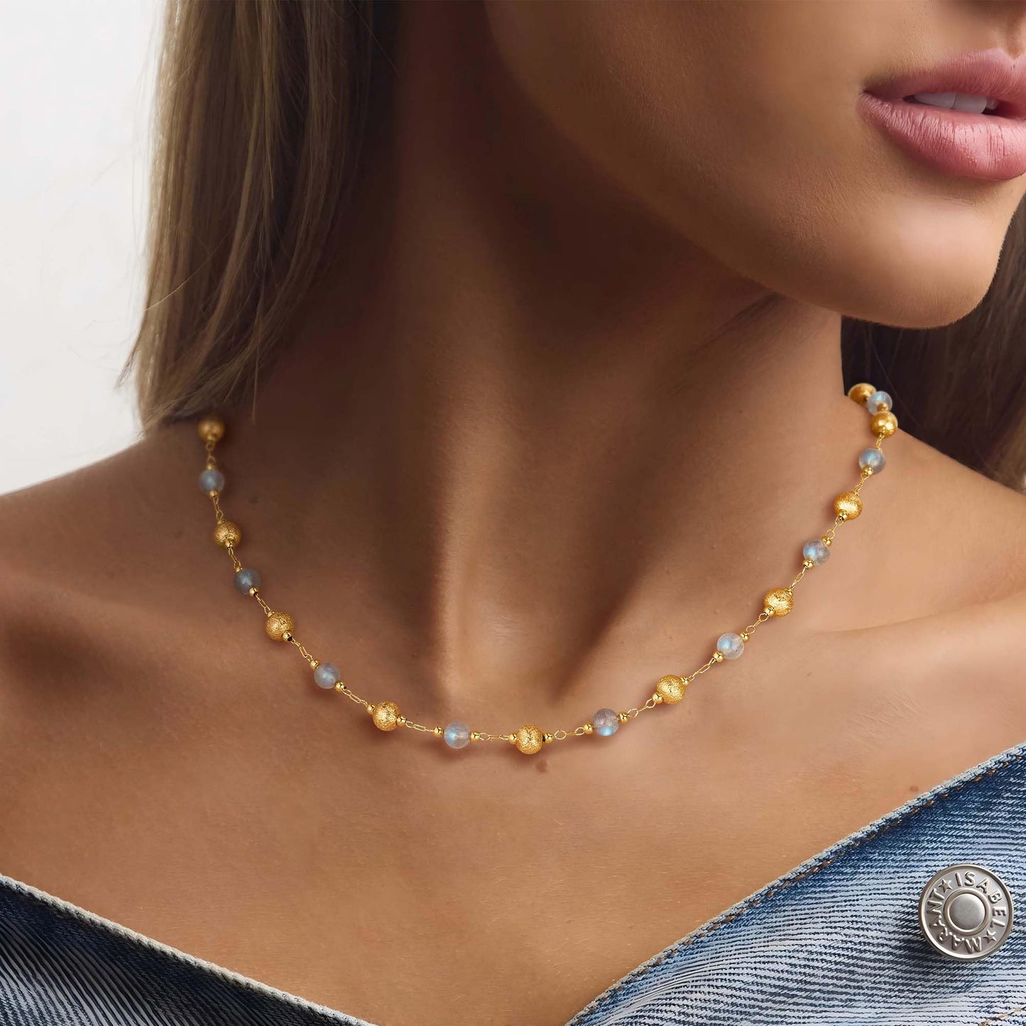 LOLAR RAY Beaded Gold Necklace for Women - 14K Gold Plated Stone Handmade Bead Choker Short Chain Link Charm Necklace For Jewelry Gift