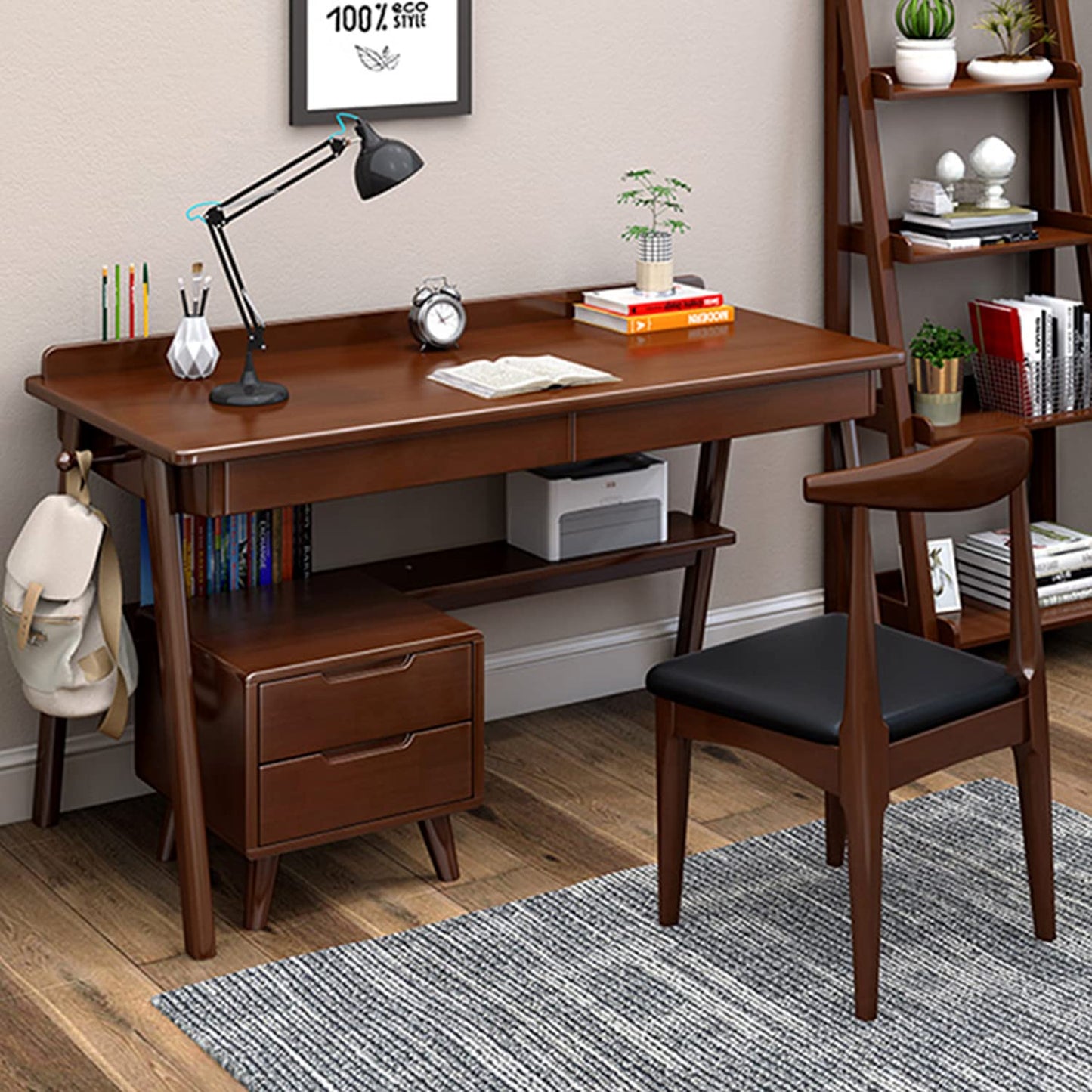 Ytaoka Solid Wood Writing Desk, 47" Mid-Century Modern Walnut Desk, Home Office Computer Desk with 2 Drawers and Storage Shelf, Laptop Desk, Study Table, Work Desk Station
