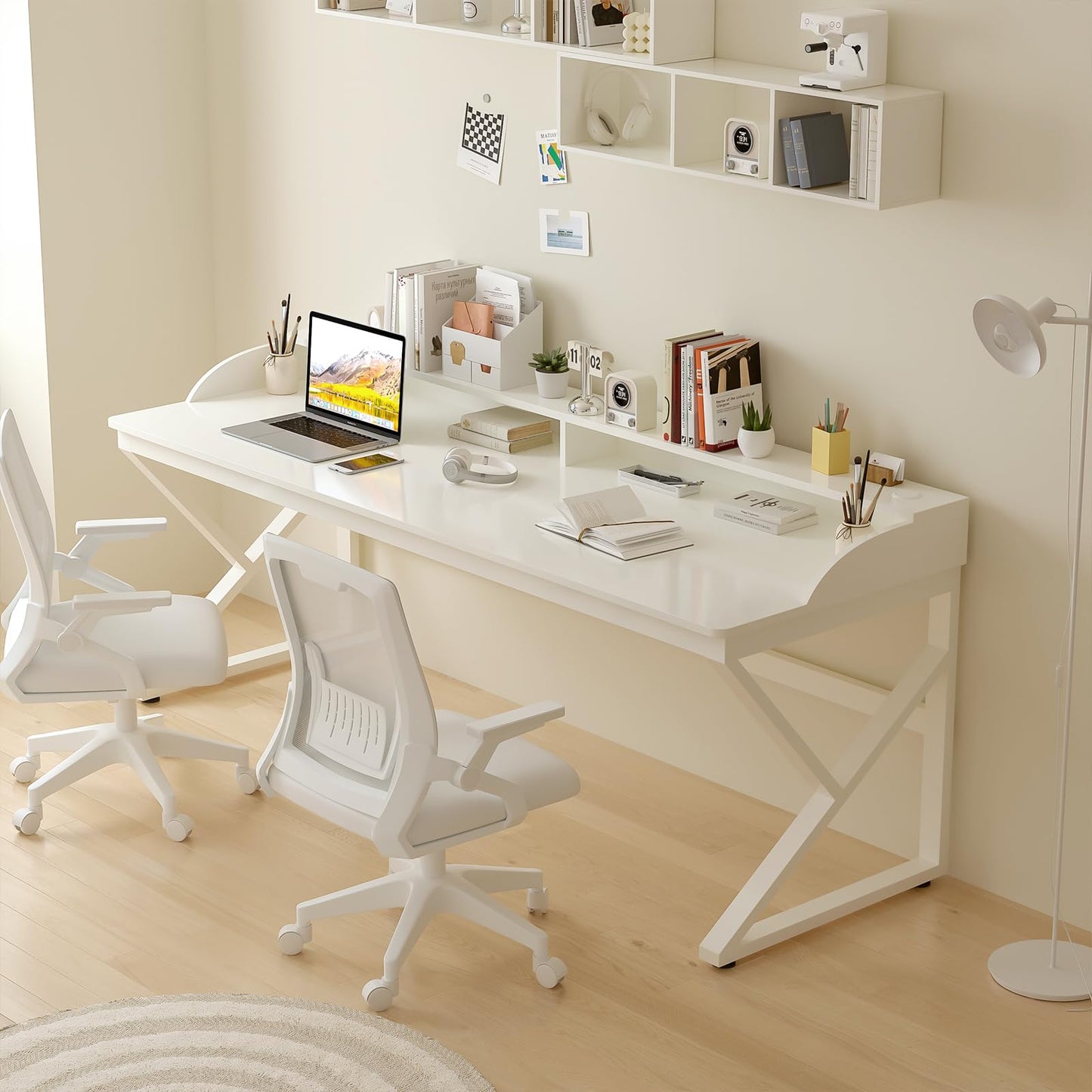 OSCHF Long Desk with Monitor Stand - 71" Double Long Computer Table for 2-Person Workstation, Large Writing Study Work Desk for Home and Office, White