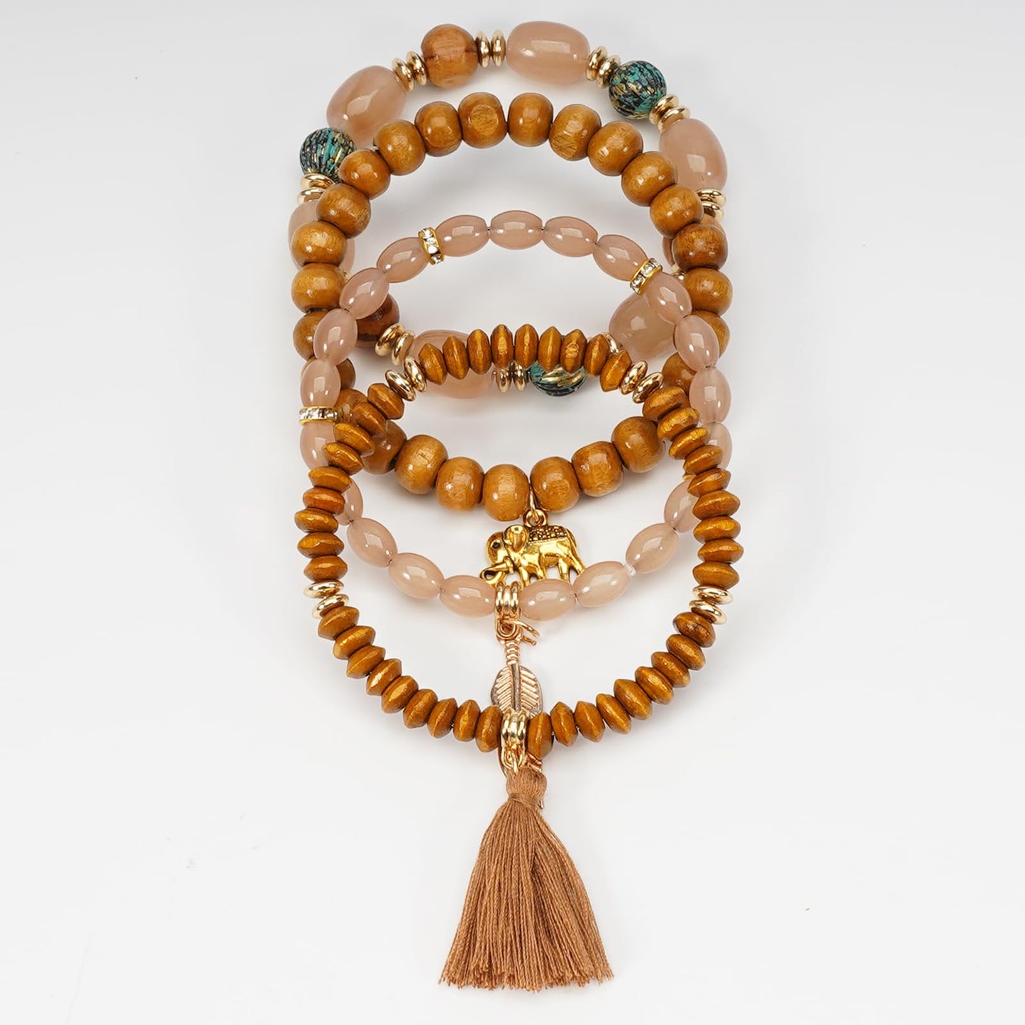 Briutn Bohemian Stackable Bracelets Boho Wood Beaded Tassel Charm Bracelet for Women Jewelry