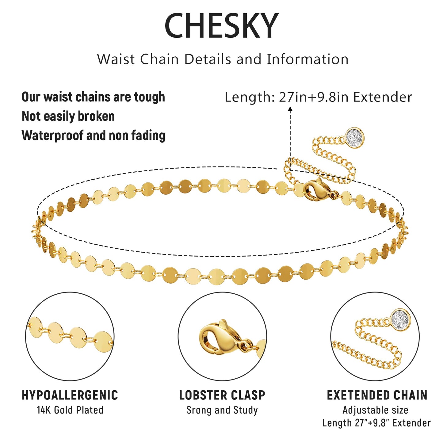 CHESKY Gold Waist Chain, 14k Plated Body Chain Jewelry for Women Non Tarnish Adjustable Waterproof Belly Chain Sexy Waist Beads for Womens Dainty Chain Belt Beach Gold Prom Jewelry for Women
