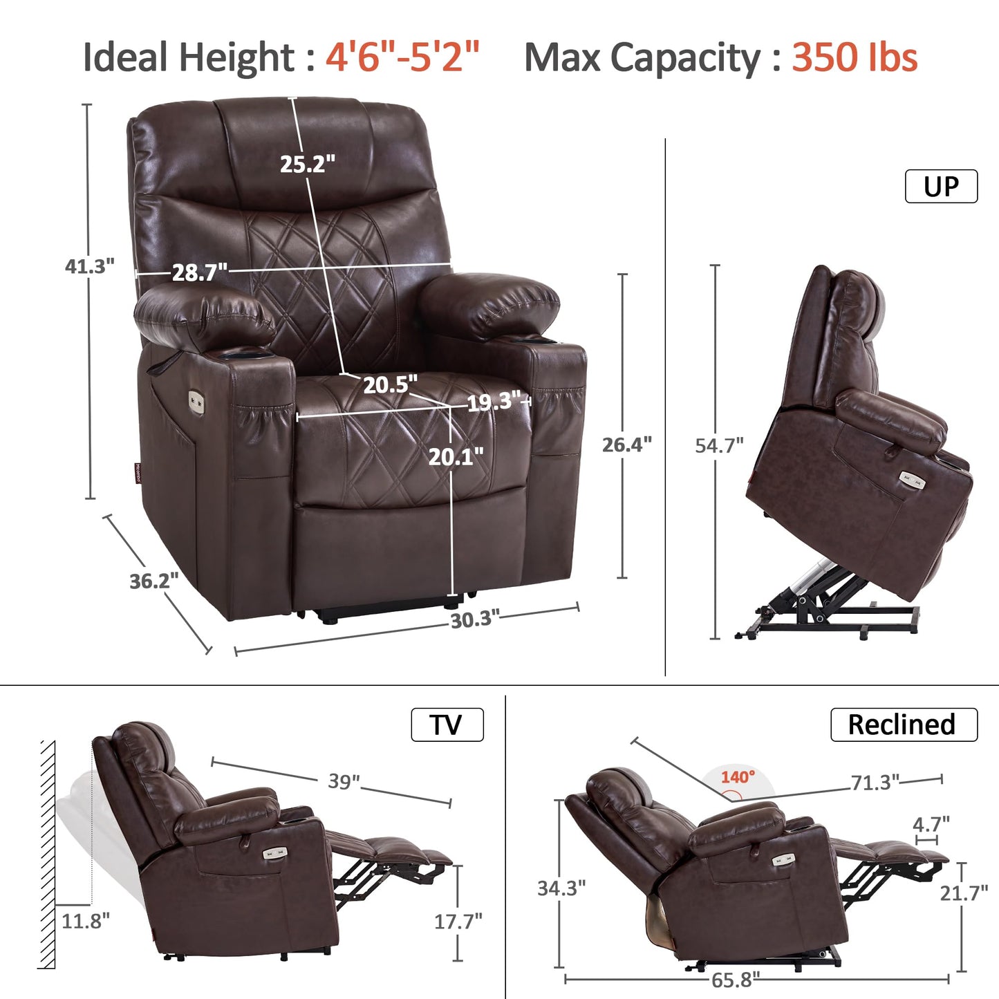 MCombo Small Power Lift Recliner Chair Sofa with Massage and Dual Heating, Adjustable Headrest for Elderly People Petite, USB Ports, Faux Leather 7111 (Dark Brown)