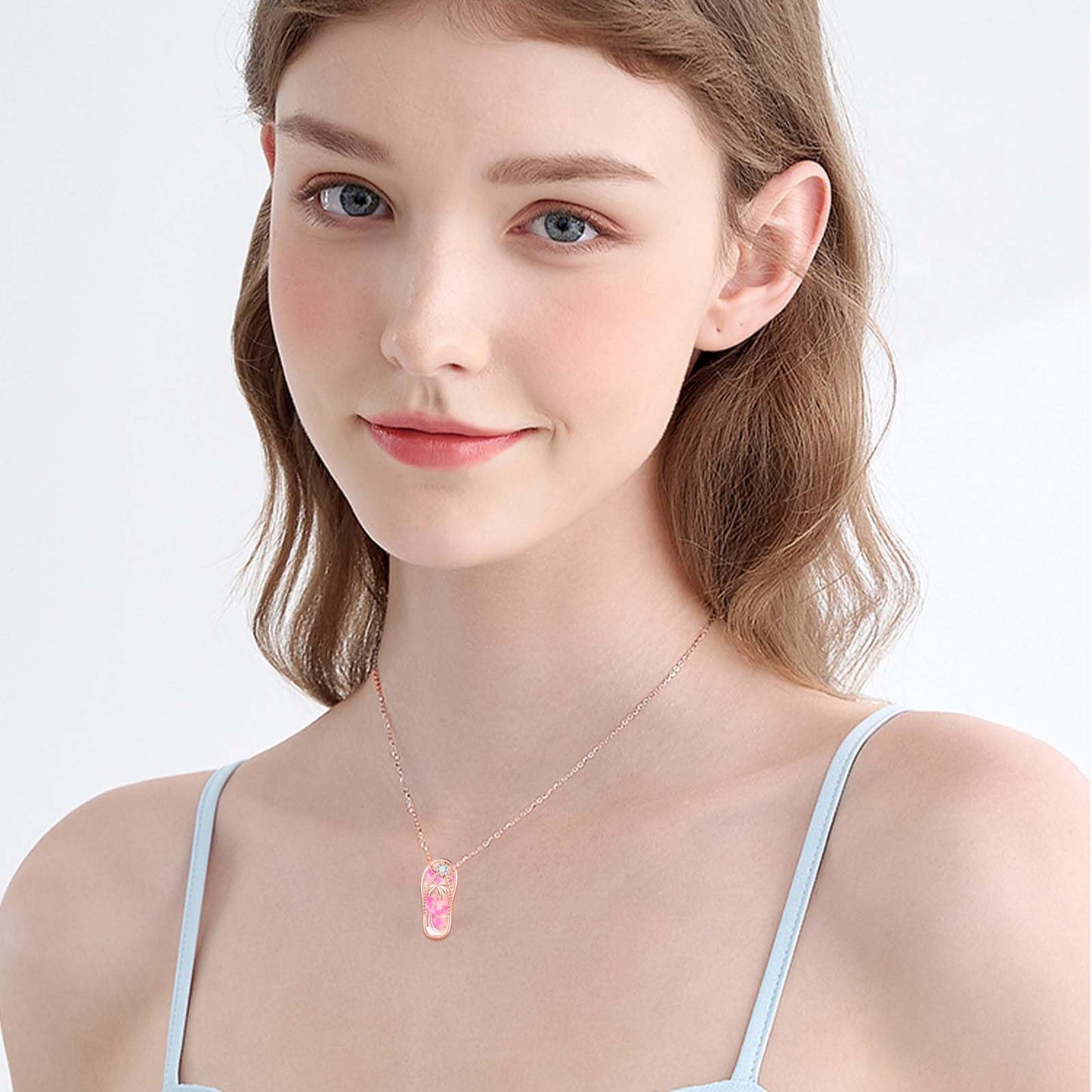 Midir&Etain Pink Opal Flip Flop Necklace 925 Sterling Silver Rose Gold Plated Palm Tree Pendant Beach Necklace Flip Flop Opal Jewelry for Women