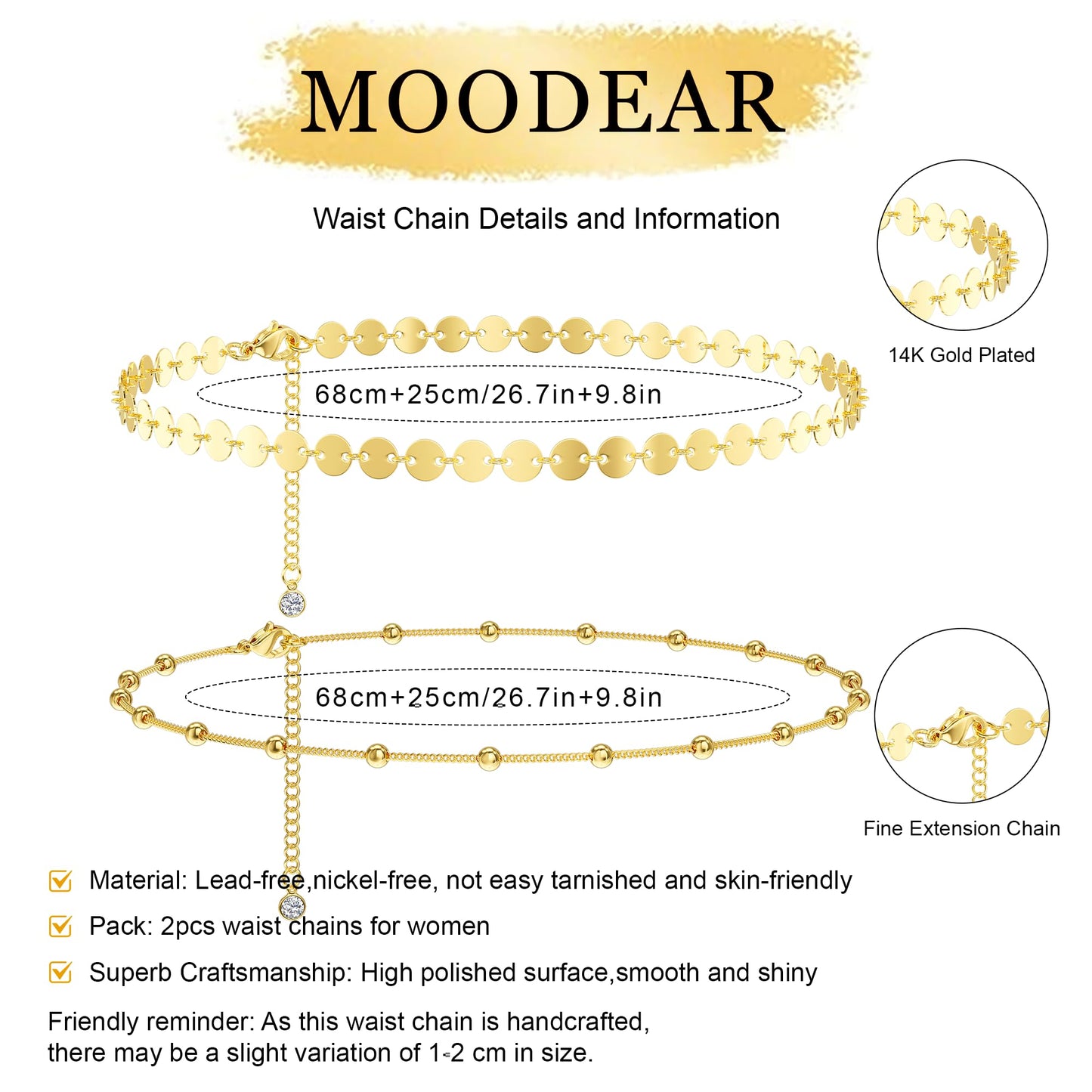 MOODEAR 14K Gold Plated Waist Chain for Women – Double 2PC Belly Bead Body Chain Belt, Cuban Beads & Disc Chain Design, Waterproof Summer Beach Jewelry for Bikini, Dress & Vacation