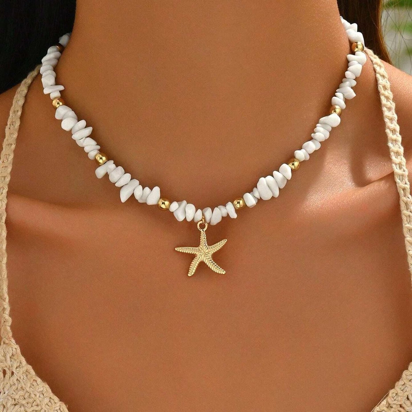 Shell Starfish Necklace for Women, 14k Gold Plated Boho Layered Beaded Charm Pendant Necklace, Dainty Adjustable Pearl Conch Summer Beach Vacation Jewelry Gifts(Crushed)