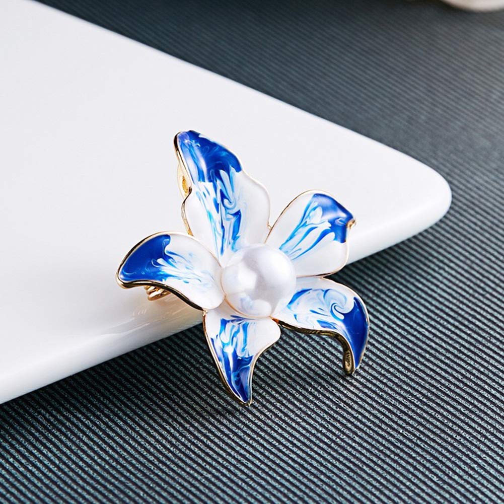 AILUOR Elegant Enamel Flower Brooches for Women, Fashion Gold Plated Pearls Flower Brooch Pin Wedding Corsage Jewelry Gifts (Blue)