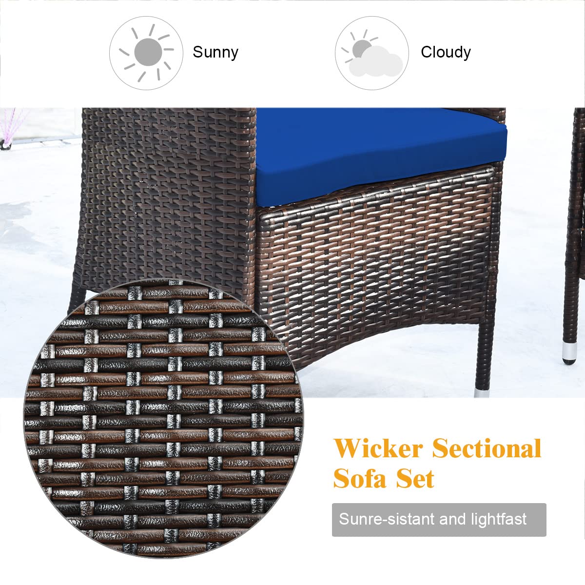 COSTWAY 8PCS Rattan Patio Furniture Set, Outdoor Wicker Rattan Chairs with Coffee Table, Rattan Cushioned Conversation Set for Backyard Balcony Porch Poolside, Navy
