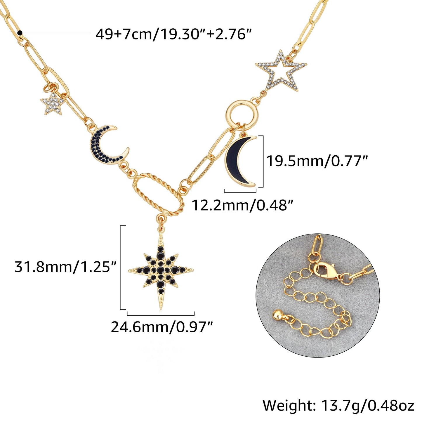 BONJOULRY Charm Necklace for Women Gold Moon and Star Charms Pendant Necklace Vintage Boho Gothic Paperclip Chain Chunky Choker Y Necklace Jewelry Gifts Celestial Black