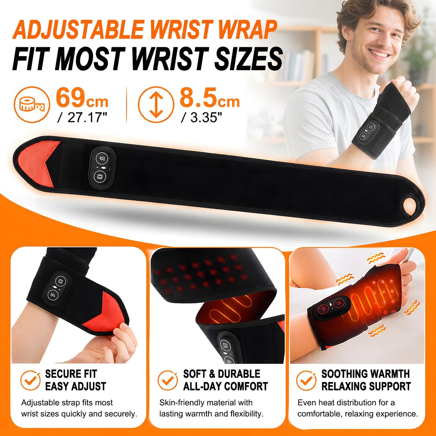 Red Light Therapy for Wrist and Hand,Cordless Heated Wrist Brace with Vibration,with Temperature Control,Red Light Therapy Heated Wrist Massager Wrap y 36 LED for Wrist, Arm,660nm & 850nm