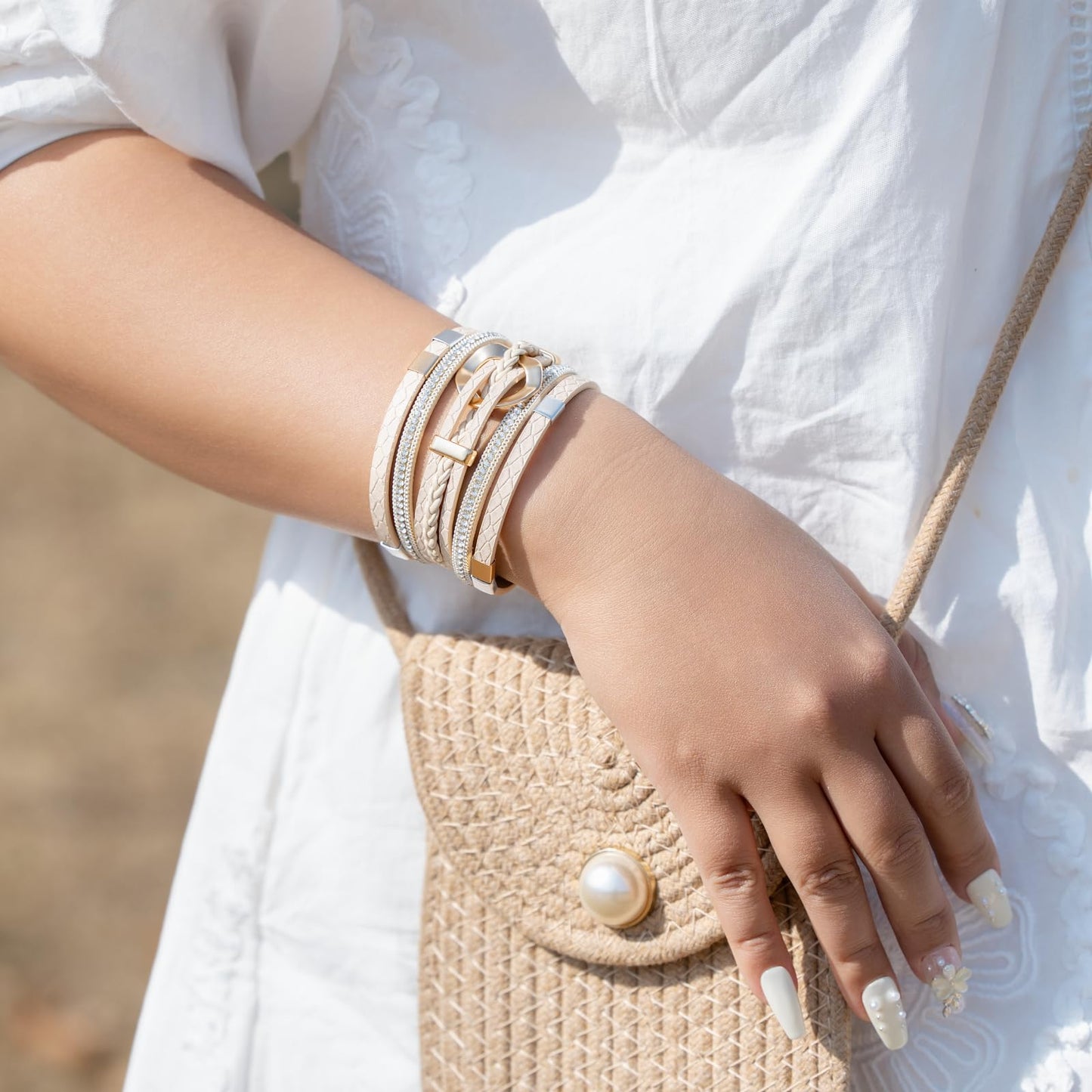 FANCY SHINY Boho Leather Wrap Bracelets Circle Square Bead Braided Handmade Stackable Bracelet Trendy Cuff Bangle for Women(Beige)