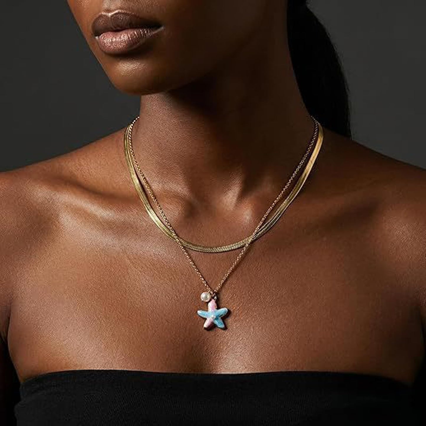 Layered Gold Shell Starfish Necklace for Women Blue Starfish Shell Pendant Necklace Vintage Stainless Steel Pearl Snake Chain Necklace Summer Beach Jewelry Gifts (Starfishs)