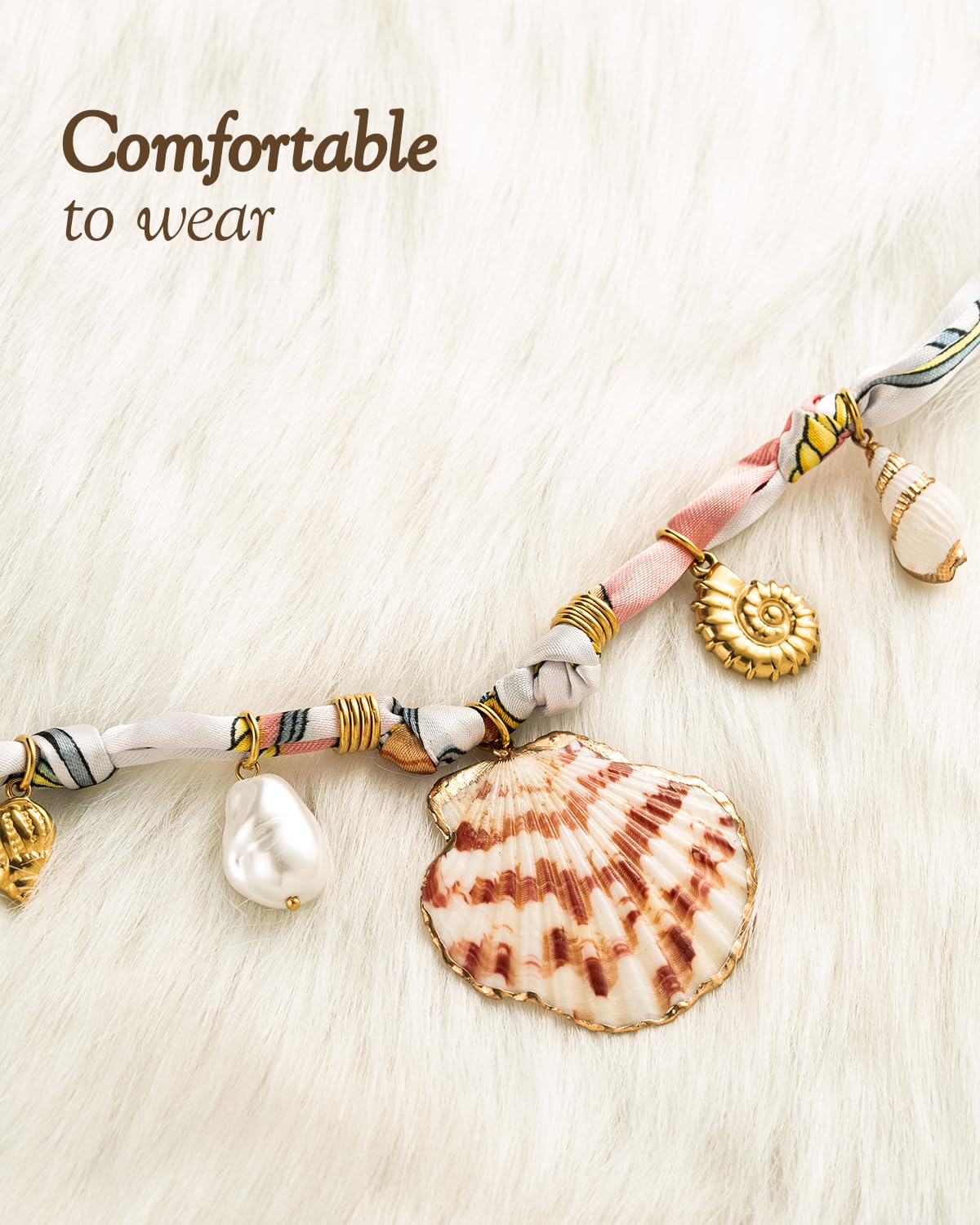 DoDoBeads Scarf Charm Necklace – Shell Romance – Pink Nautical Scarf Necklace with Stainless Steel Shells & Pearl Charm, Adjustable Bandana Jewelry for Women