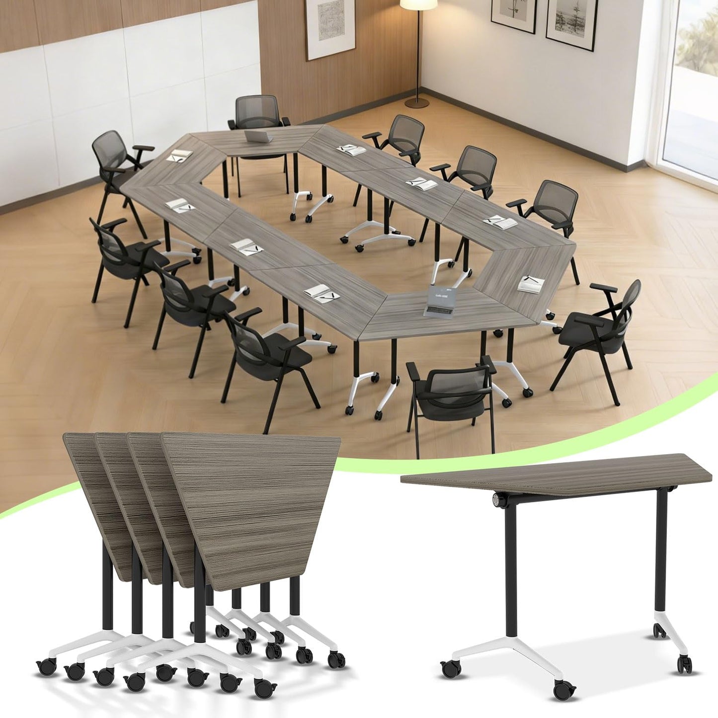 6 Pack Folding Conference Room Tables with Wheels,Stackable Flip Top Office Conference Table,Space Saving Meeting Seminar Table for Training Rooms,Rolling Boardroom Training Table with Warranty