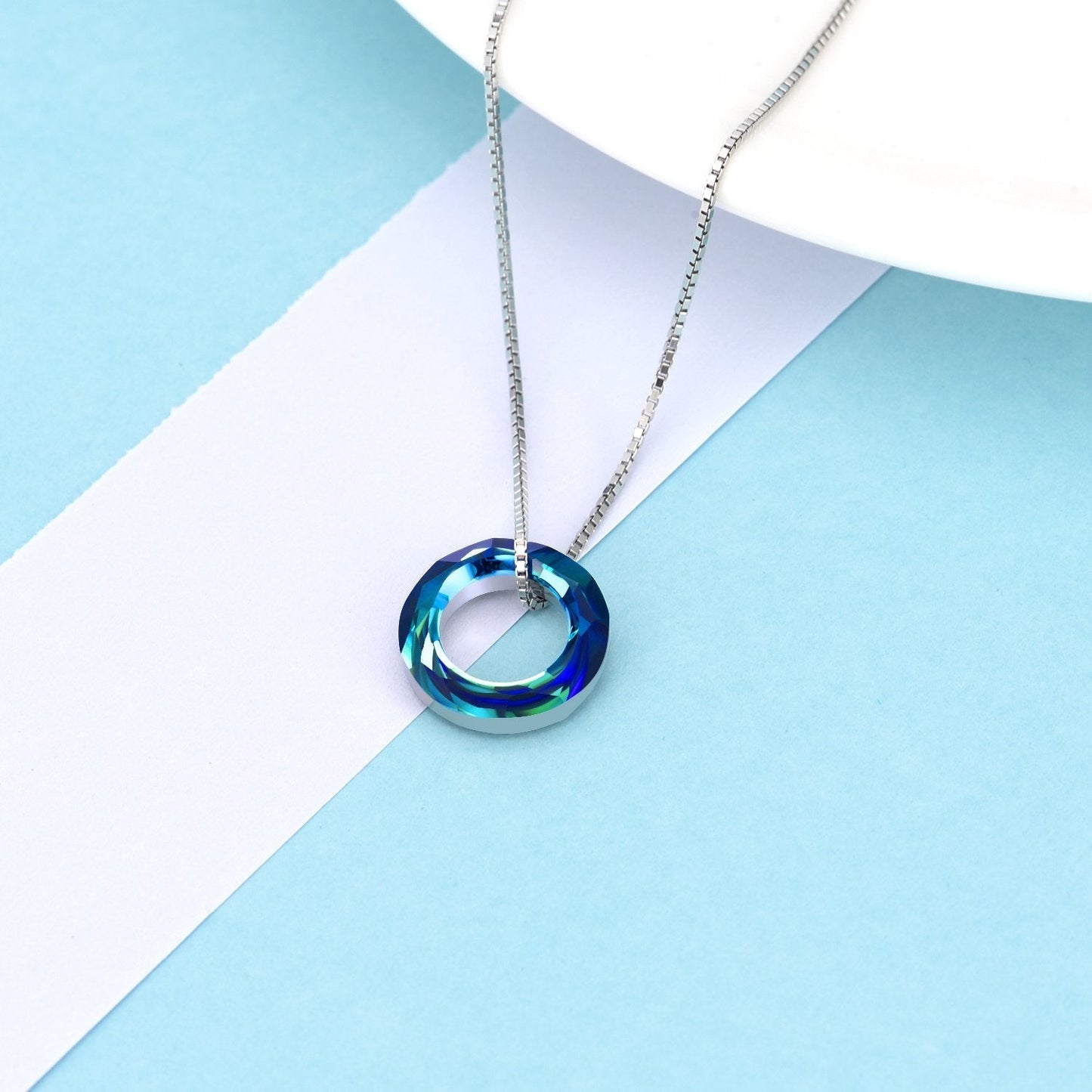 AOBOCO Circle Crystal Necklace 925 Sterling Silver Blue Crystal Pendant Necklace for Women with Austrian Crystals Jewelry for Women Christmas Birthday Holiday Gifts (Dia 0.55" Circle Blue)