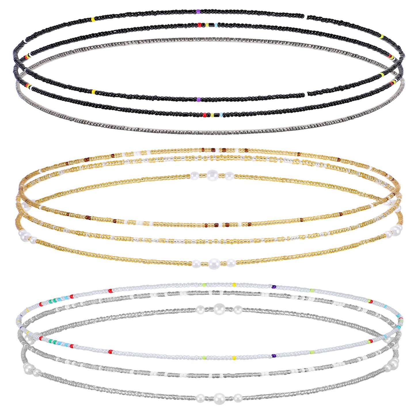 9Pcs Belly Beads for the Waist - Stretchy African Waist Beads for Weight Loss For Bikini Beach Summer - Gold White Black Belly Chain