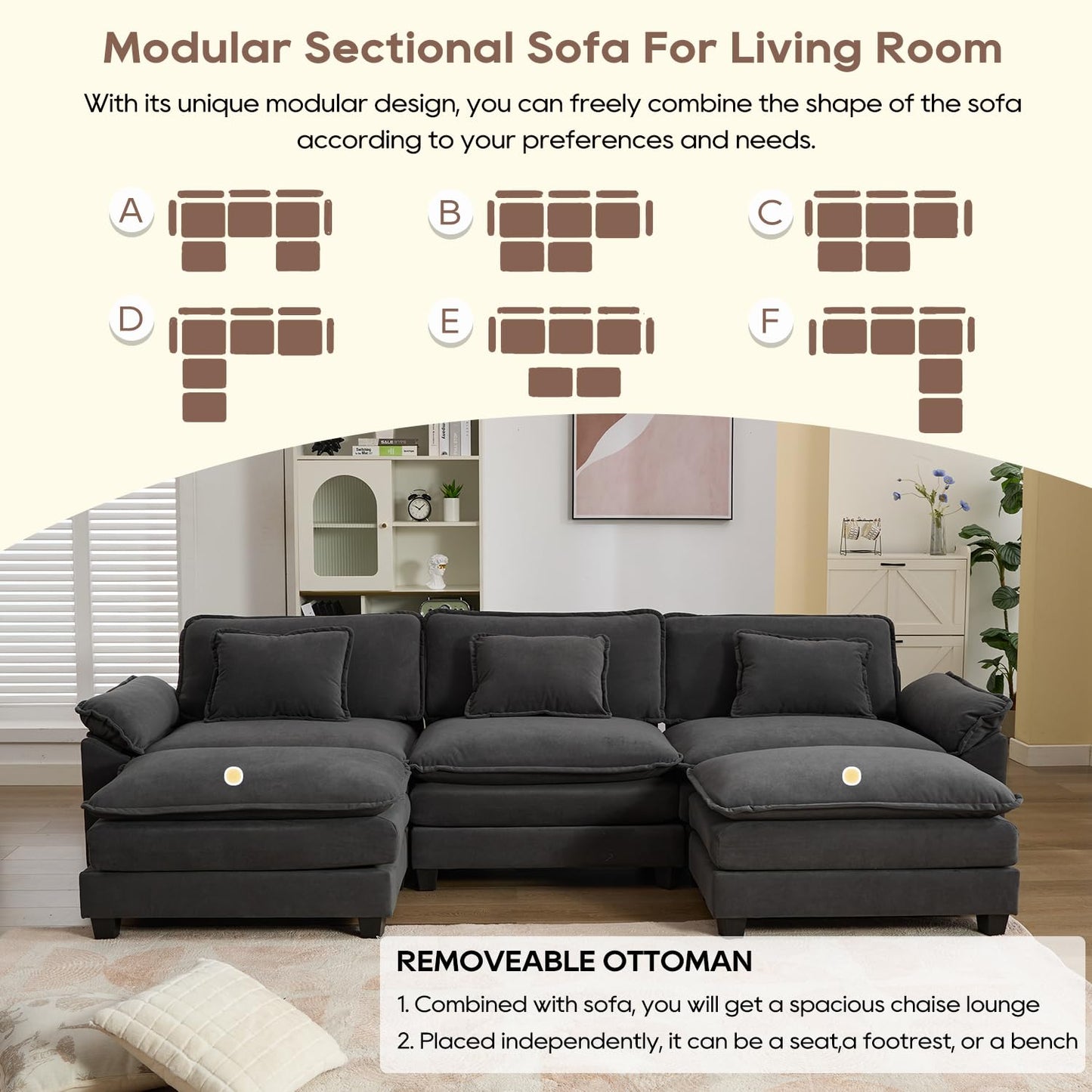 IPKIG 117" Modular Sectional Sofa, Velvet U-Shaped Sectional Couch Comfy Upholstered 3-Seat Sofa with 2 Ottoman, 3 Lumbar Pillow, Deep Seat Cloud Couch Sofa for Living Room, Dark Grey