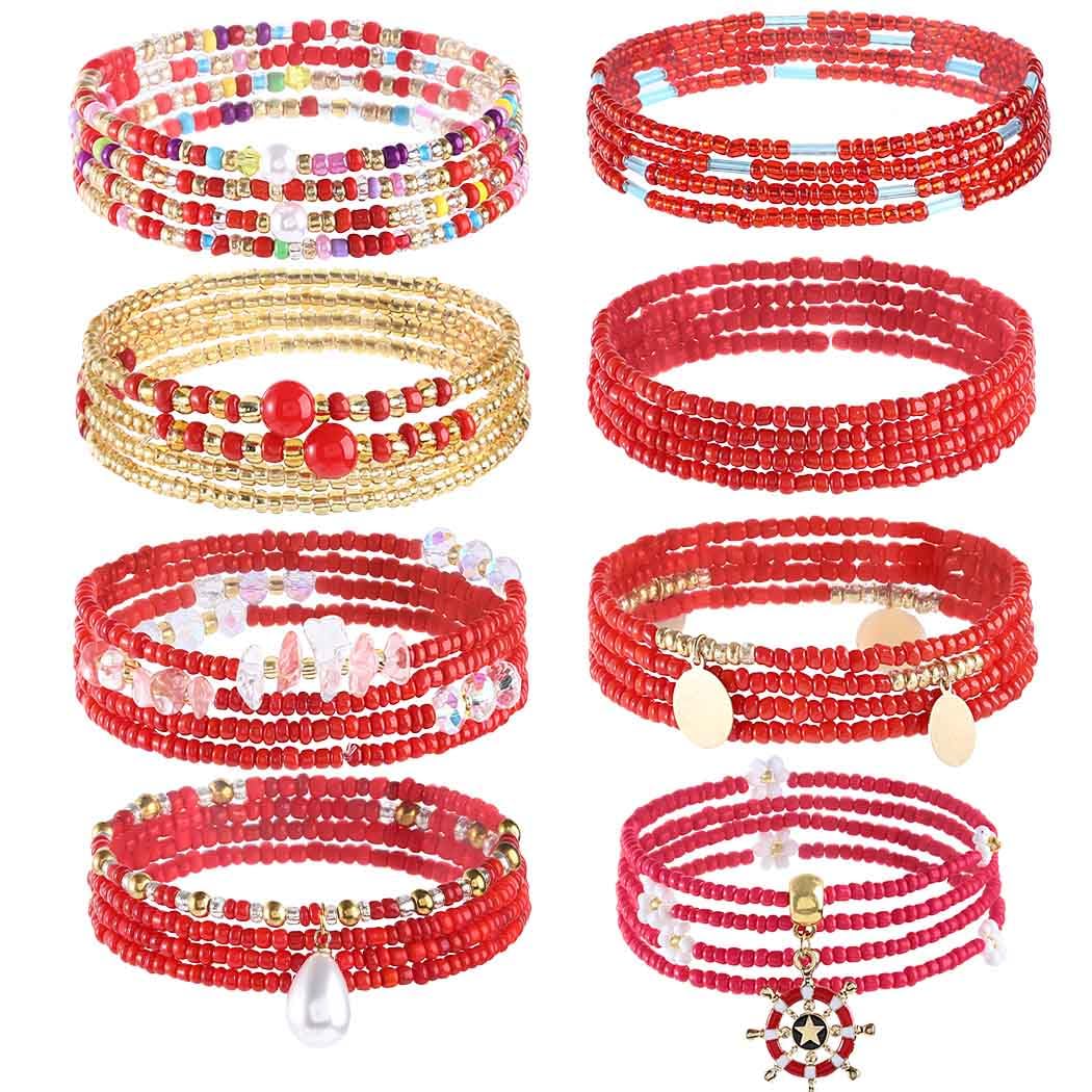 ELABEST 24-39inch African Waist Beads for Women 8Pcs Elastic Belly Beads Colorful Beaded Waist Jewelry Accessories Body Chain (Red, 23.6inch/60cm)