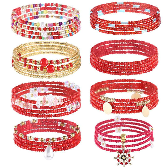 ELABEST 24-39inch African Waist Beads for Women 8Pcs Elastic Belly Beads Colorful Beaded Waist Jewelry Accessories Body Chain (Red, 23.6inch/60cm)