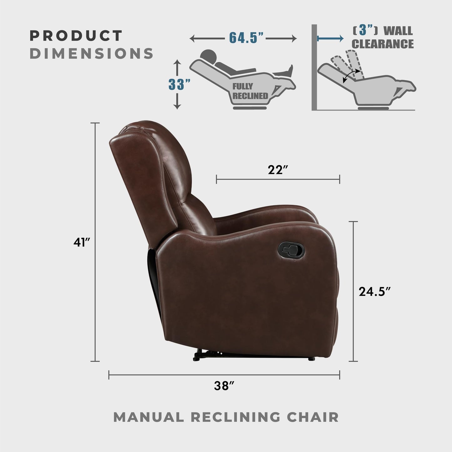 Lexicon Manual Recliner Chair, Reclining Sofa Chair, Home Theater Seating, Wall Hugger, Manual Recliner for Living Room/Office/Apartment, Easy Assembly, Brown Faux Leather