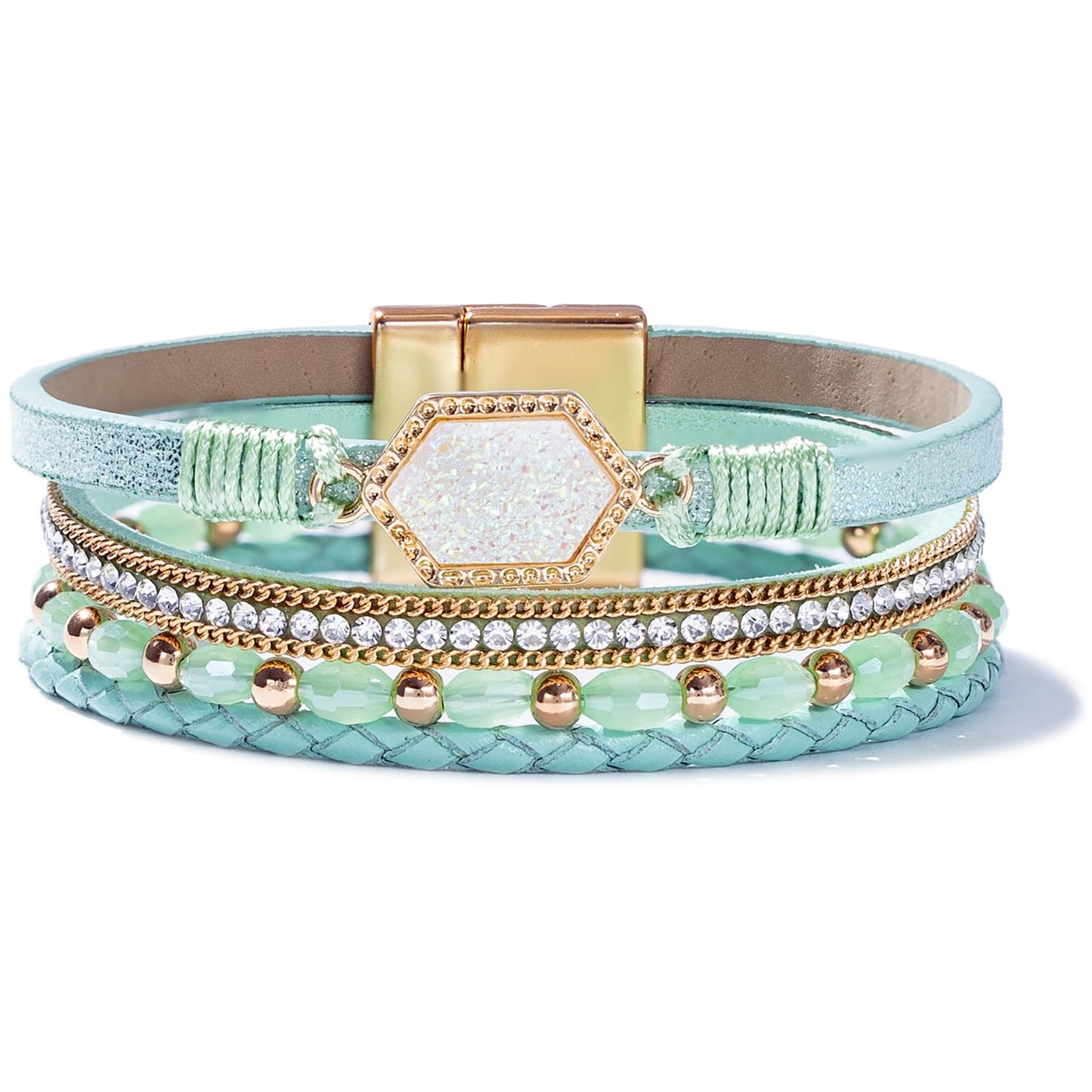 FANCY SHINY Crystal Beaded Leather Wrap Bracelet Stackable Boho Jewelry for Women Trendy Braided Resin Stone Bangle Cuff with Magnetic Clasp(Green)