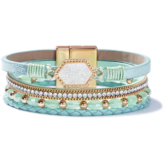 FANCY SHINY Crystal Beaded Leather Wrap Bracelet Stackable Boho Jewelry for Women Trendy Braided Resin Stone Bangle Cuff with Magnetic Clasp(Green)