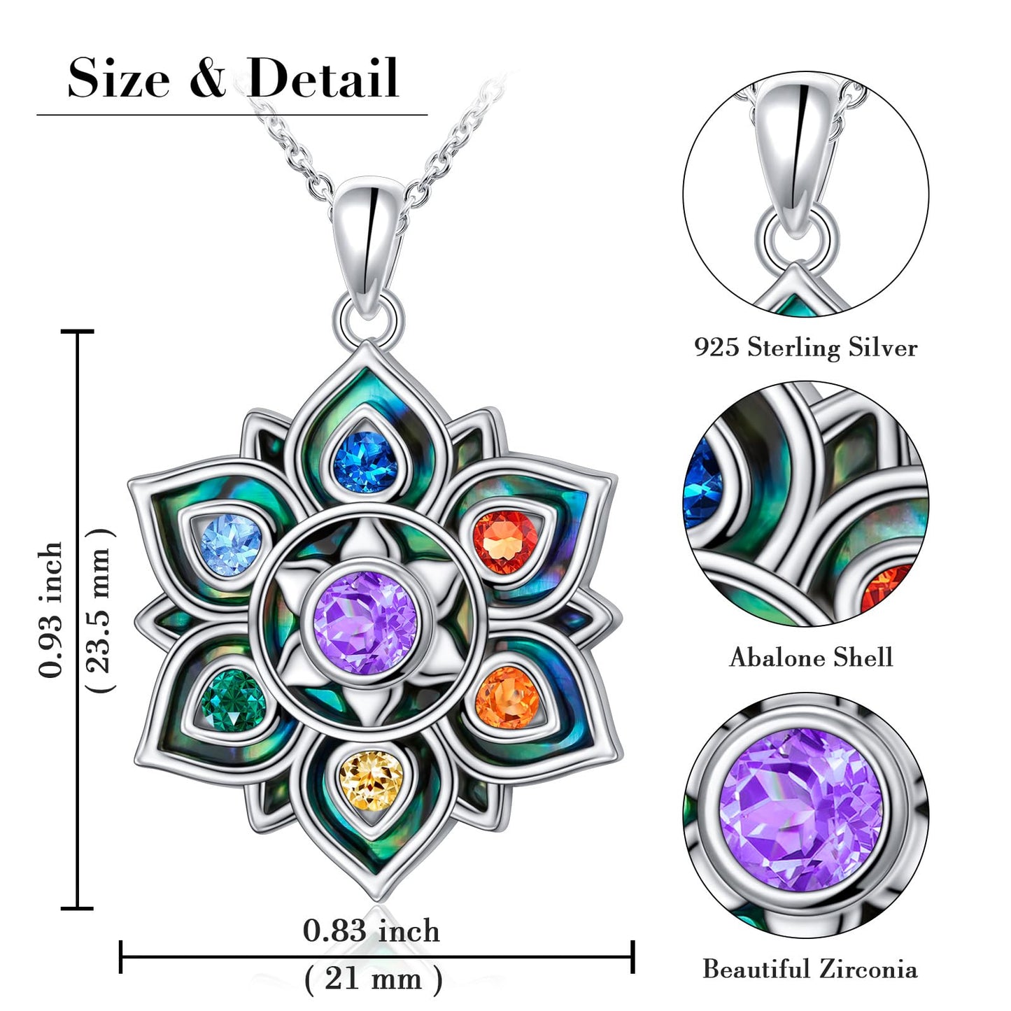 FLYOW 7 Chakra Necklace 925 Sterling Silver Lotus Flower Abalone Shell Yoga Energy Balance Pendant Spiritual Healing Jewelry Birthday Gifts for Anxiety Stress Relief Balancing Meditation