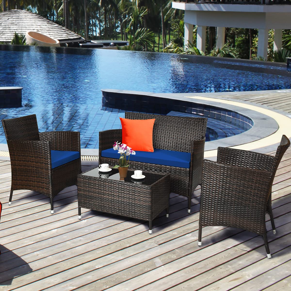 COSTWAY 8PCS Rattan Patio Furniture Set, Outdoor Wicker Rattan Chairs with Coffee Table, Rattan Cushioned Conversation Set for Backyard Balcony Porch Poolside, Navy