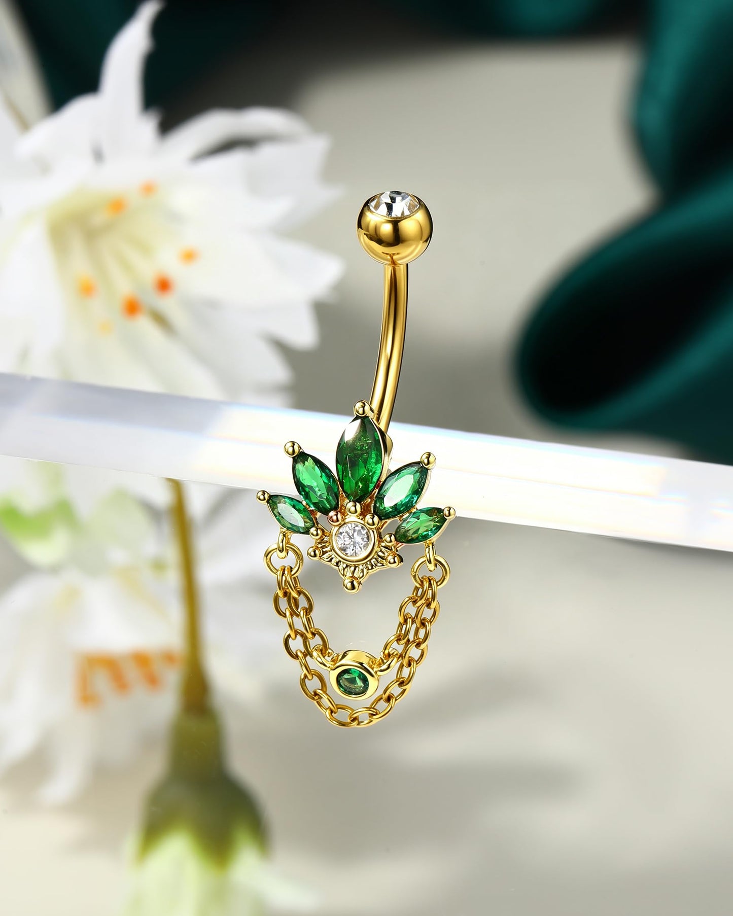 COCHARM Green Lotus Belly Button Rings, 14G 5A CZ Navel Rings for Women, Dangle Belly Navel Piercing Jewelry Stainless Steel