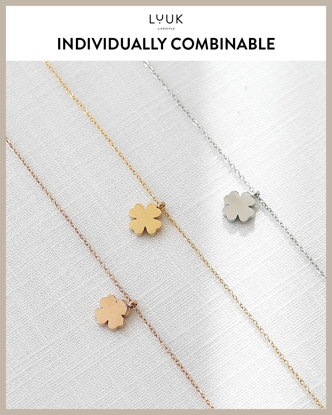 LUUK LIFESTYLE Clover necklace for women, shamrock pendant, stainless steel and HAPPINESS gift card, stylish and trendy jewelry, sign of happiness, new beginning, silver