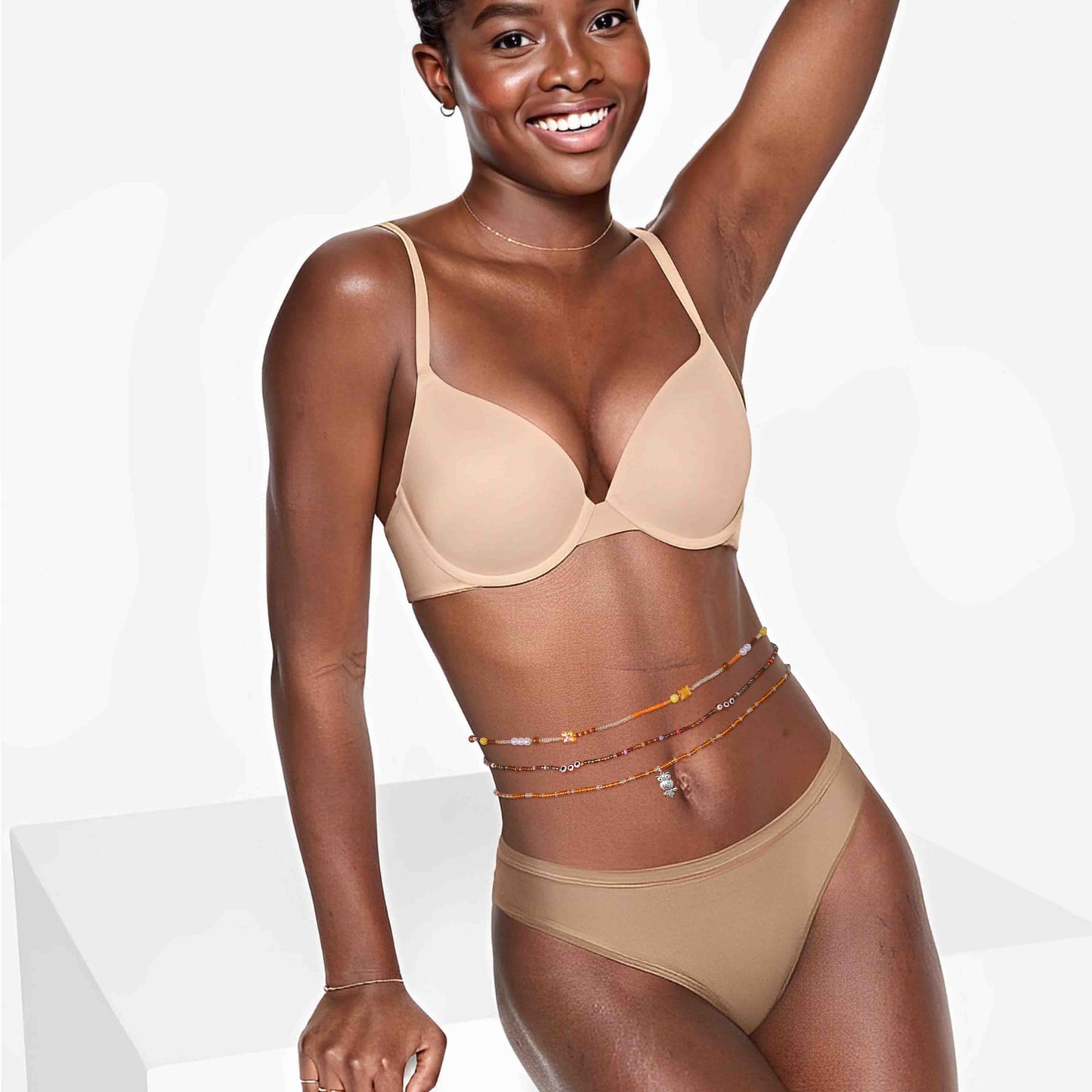 ELABEST 24-39inch African Waist Beads for Women 8Pcs Elastic Belly Beads Colorful Beaded Waist Jewelry Accessories Body Chain (Brown, 27.5inch/70cm)