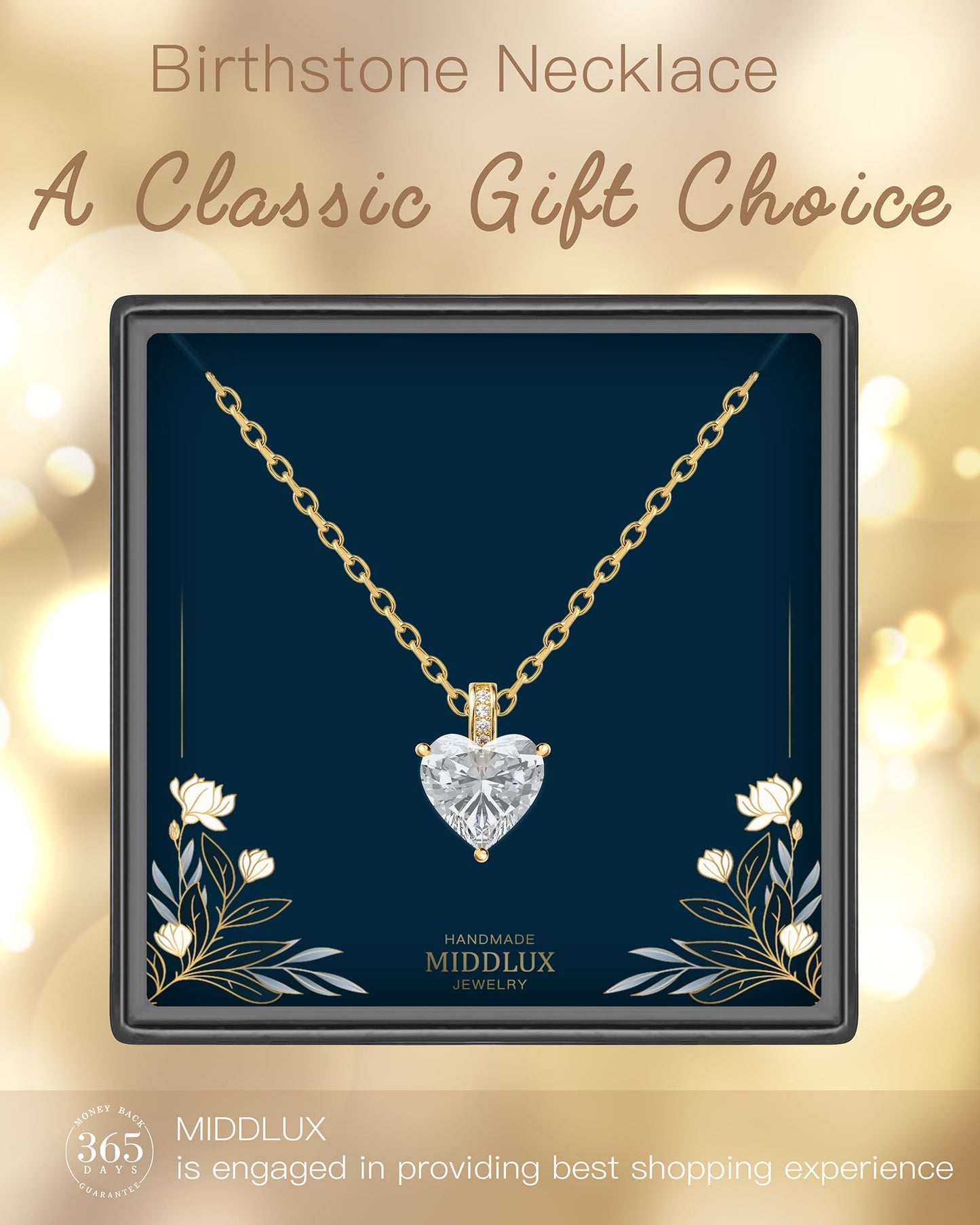 MIDDLUX April Birthstone Heart Necklace, Clear Quartz, 18k Gold Finish, 16" Extendable Lobster Clasp, Girls, Female, Necklace, Fashion Jewelry