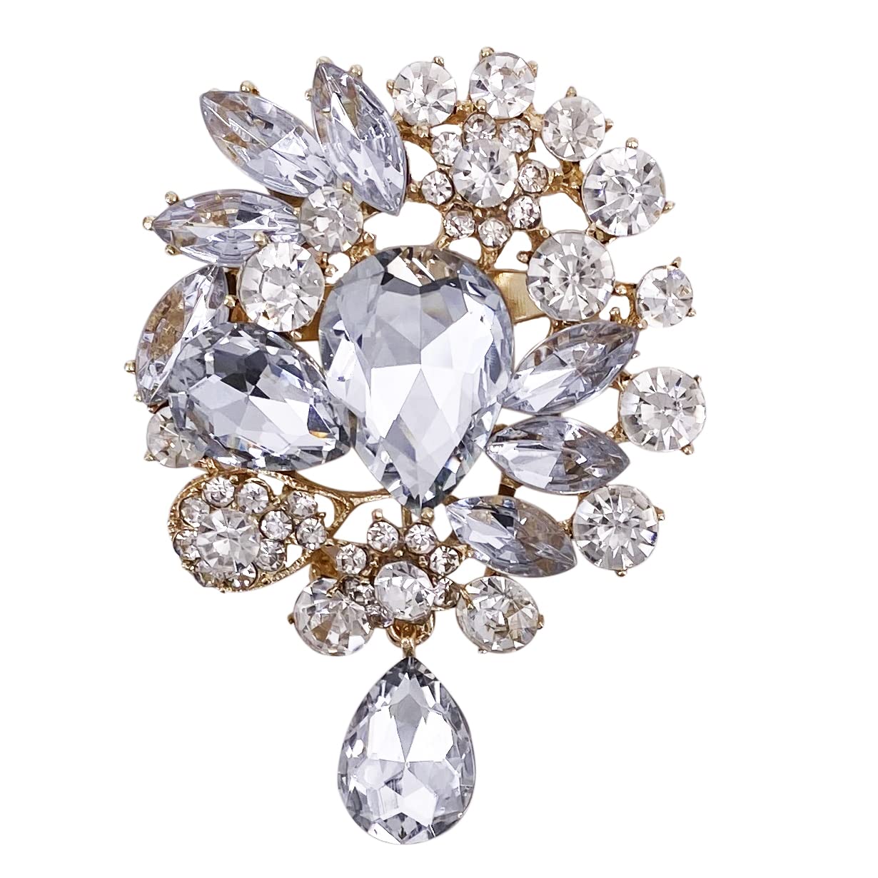 LAXPICOL Wedding Bridal Big Clear Crystal Rhinestone Bouquet Teardrop Brooch Pin for Women Gold Tone