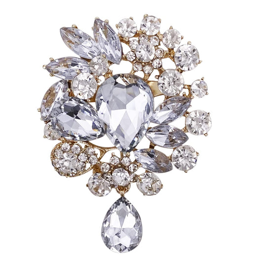 LAXPICOL Wedding Bridal Big Clear Crystal Rhinestone Bouquet Teardrop Brooch Pin for Women Gold Tone
