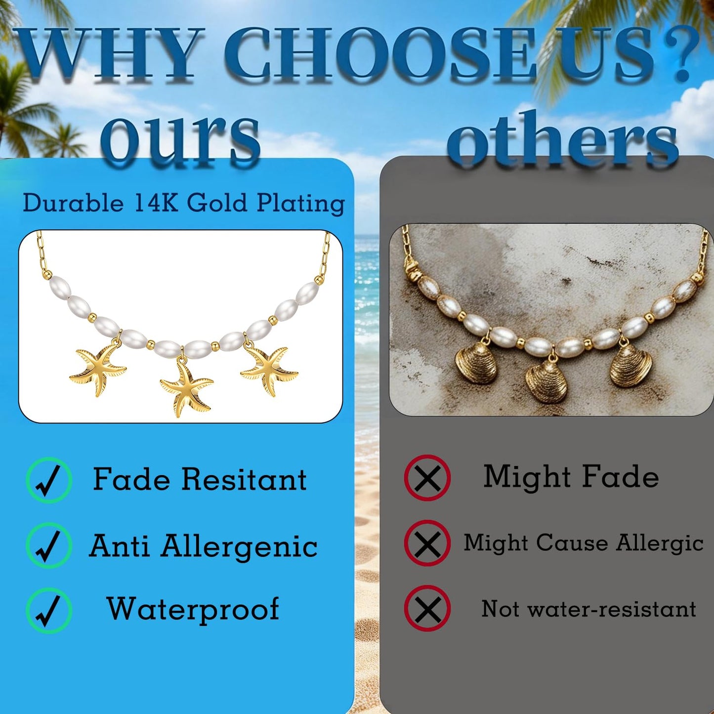 Starfish Necklace for Women: 14K Gold Plated 3-Piece Pendant with 10 Simulated Pearls on Stainless Steel Chain | Cute Boho Beach Jewelry Gift for Summer (Gold)