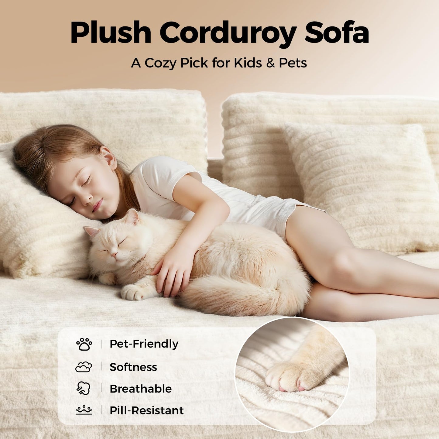 CAMMOO 108” Cloud Sectional Couch in One Box, Compressed Modular Sectional Sofa with Deep Seat, Corduroy Boneless Couches, L-Shaped Sofa for Living Room, 4 Storage Pockets(Left Facing Chaise, Beige)