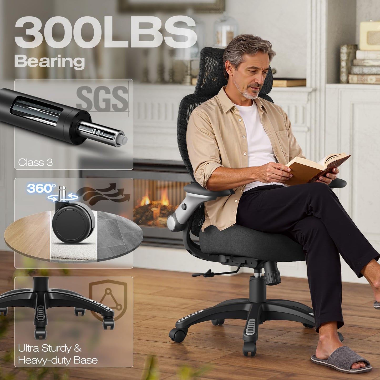 ELABEST X100 Ergonomic Mesh Office Chair, Big and Tall Hone Desk Chair with 5D Flip-Up Arms, Adjustable 3D Lumbar Support,Gaming & Executive Computer Chairs for Long Hours, Padded Seat
