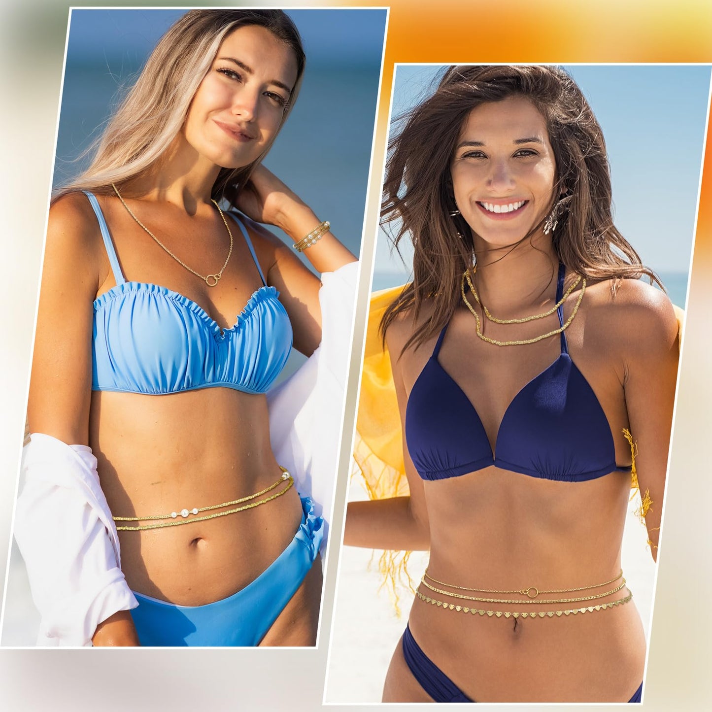 Lenwen 10 Pcs Summer Beach Belly Chain Adjustable Waist Multi Layered Chain Waist Jewelry for Women Girls Multilayer Body(Cute Style,Gold)