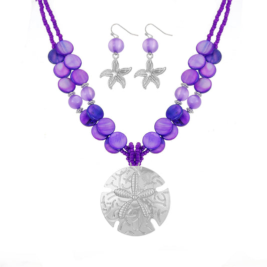 Perla Boho Starfish Necklace for Women, Chunky Layered Shell Beads Choker Necklace and Earrings Set, Ocean-Themed Summer Beach Jewelry (Purple)