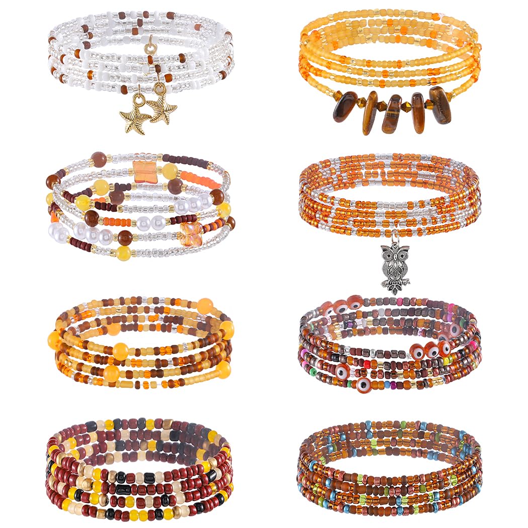 ELABEST 24-39inch African Waist Beads for Women 8Pcs Elastic Belly Beads Colorful Beaded Waist Jewelry Accessories Body Chain (Brown, 27.5inch/70cm)