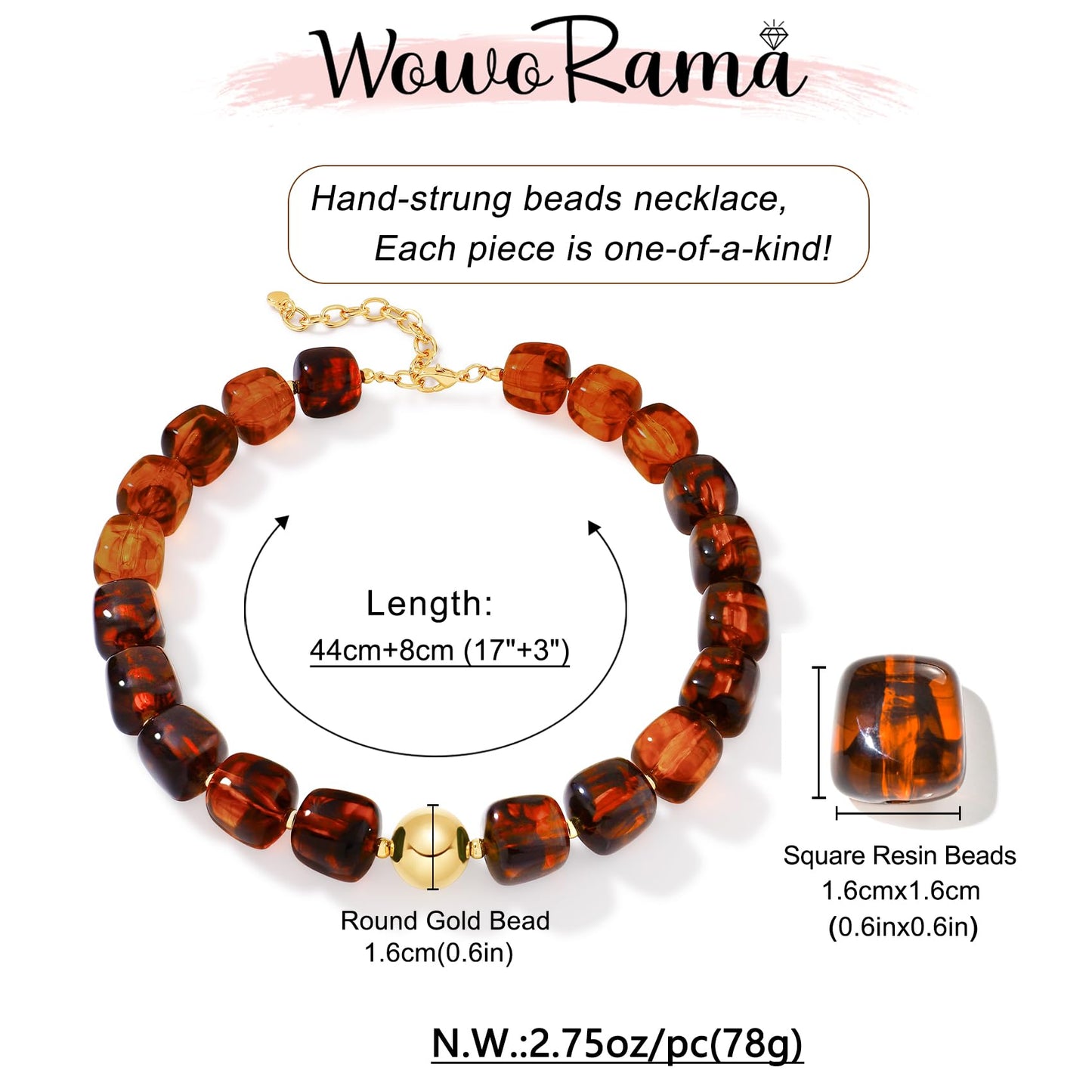 WOWORAMA Brown Chunky Necklaces for Women Vintage Large Square Resin Beads Necklace Trendy Statement Chunky Choker Necklaces Vintage Y2k Boho Jewelry