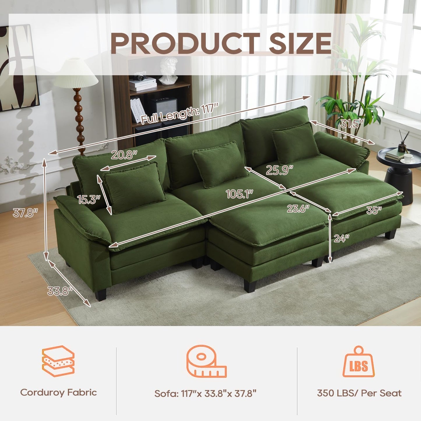 IPKIG 117" Sectional Sofa Cloud Couch, Modern Corduroy U-Shaped Couch Comfy Upholstered 3-Seat Sofa with 2 Ottoman, 3 Lumbar Pillow, Deep Seat Modular Sofa for Living Room, Apartment, Studio, Green