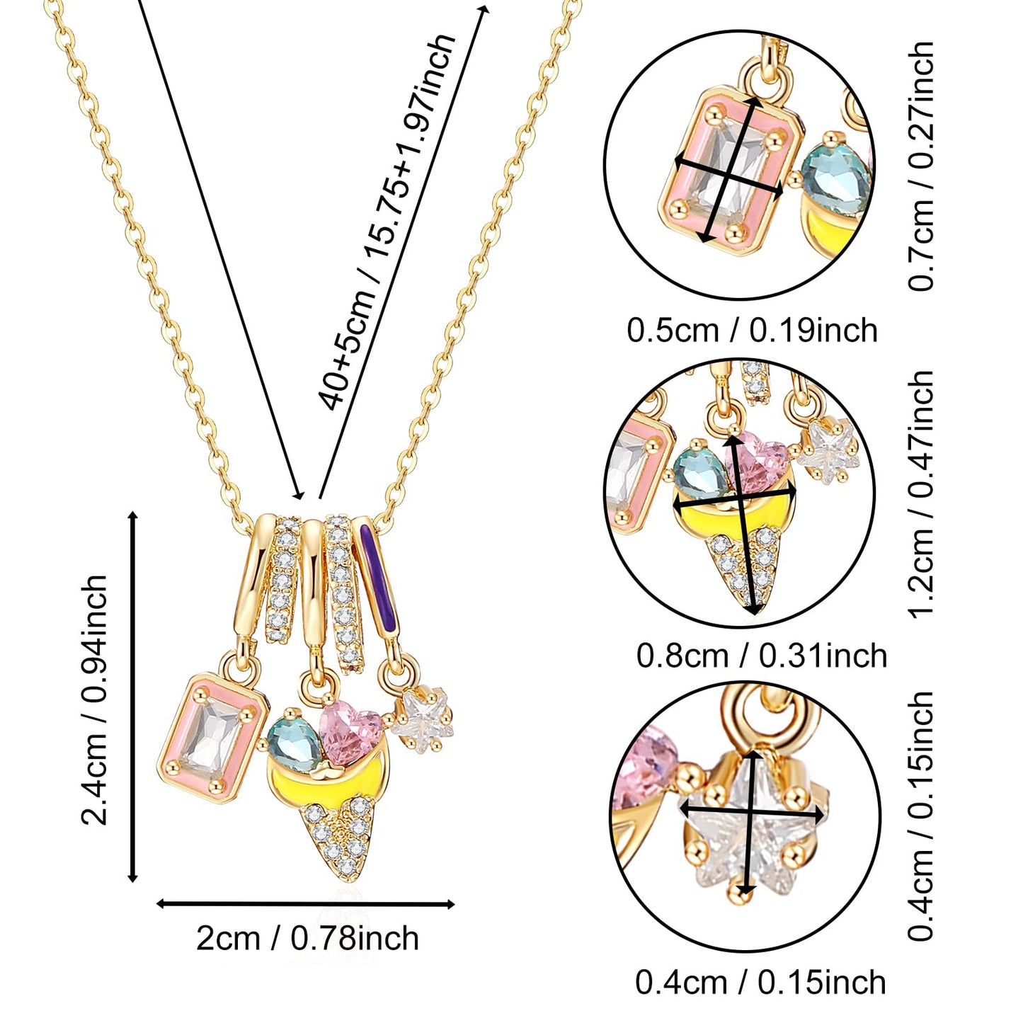 crataly Colorful Enamel Ice Cream Necklace For Women-Gold Plated CZ Star And Square Multi-Pendant Summer Jewelry For Valentines Day Mother's Day Christmas Birthday Gifts