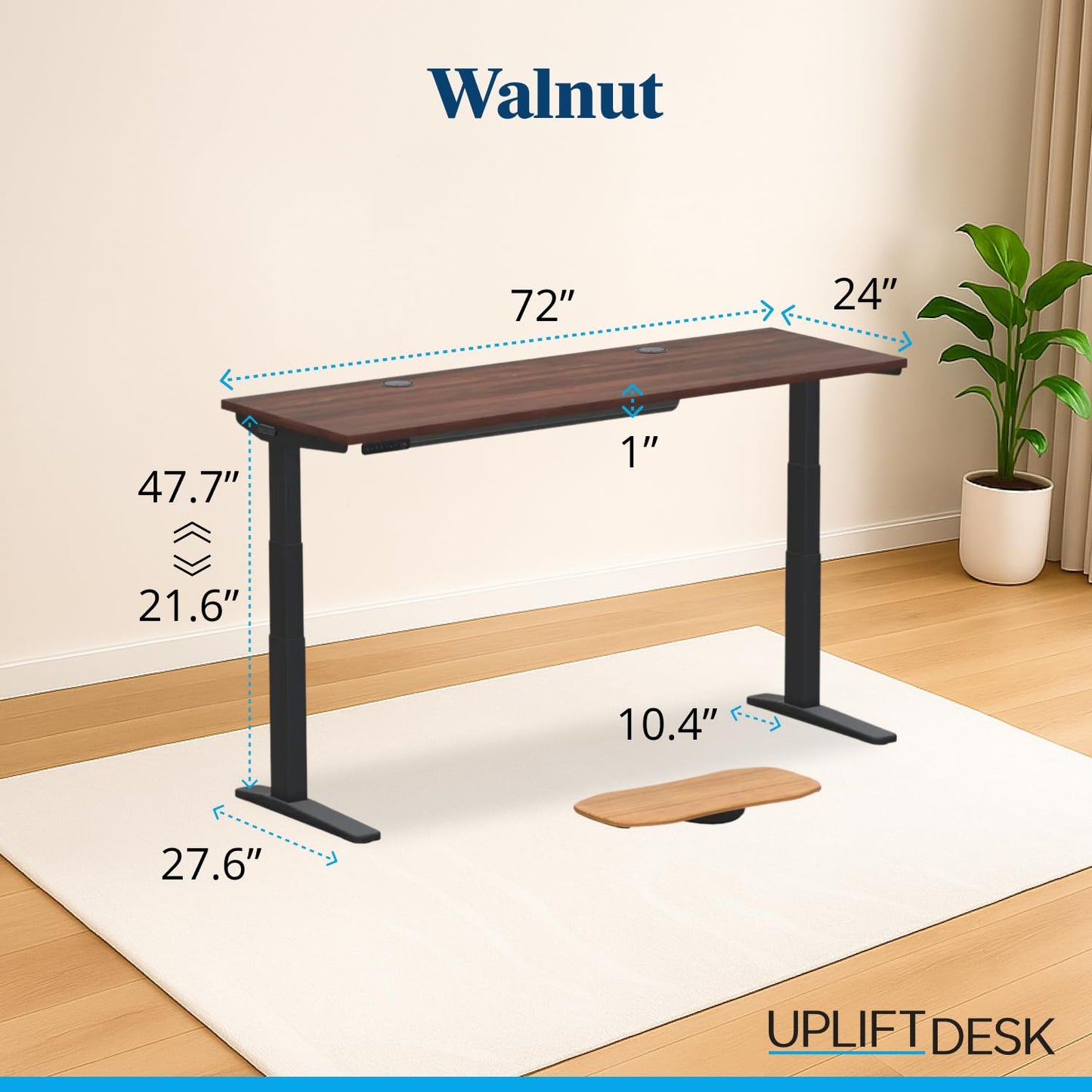 UPLIFTDESK V3 2-Leg Walnut Laminate Wood Standing Desk – Adjustable Height, Advanced 1-Touch Memory Keypad, Under Desk Cable Management, Wire Grommets & Rocker Board (Black C-Frame, 72 x 30 inch)