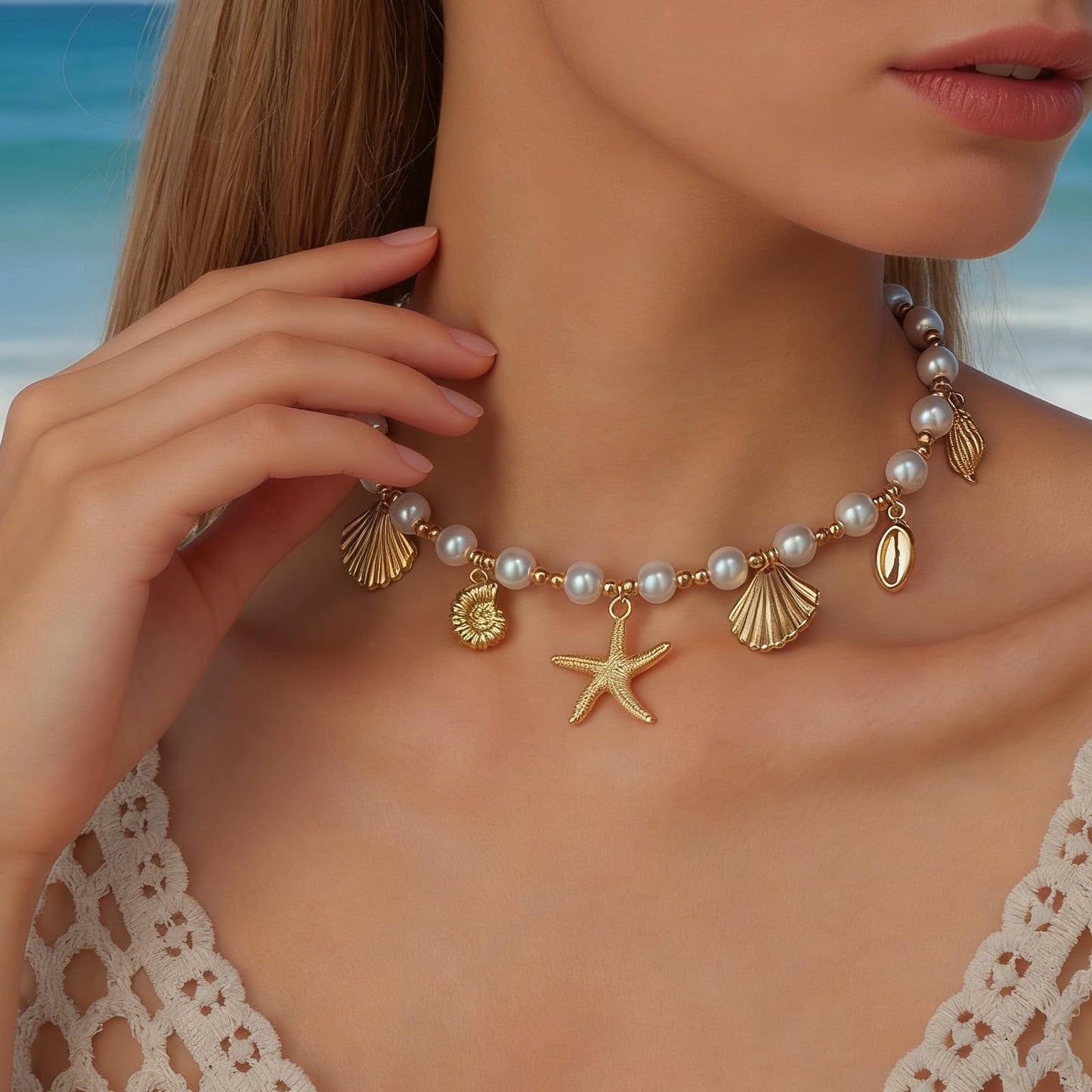 Seashell Charm Necklace for Women, Gold Starfish Beach Jewelry Coastal Vacation Outfits Accessories Summer Dresses Trendy 2026