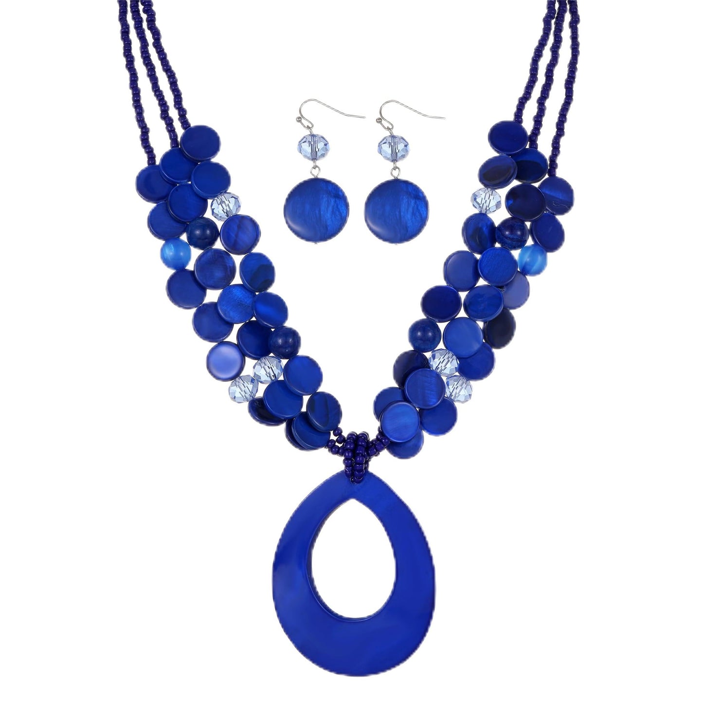 Aenu Multi-Strand Beaded Necklace with Teardrop Pendant Colorful Beads Statement Jewelry Set for Women (Blue)