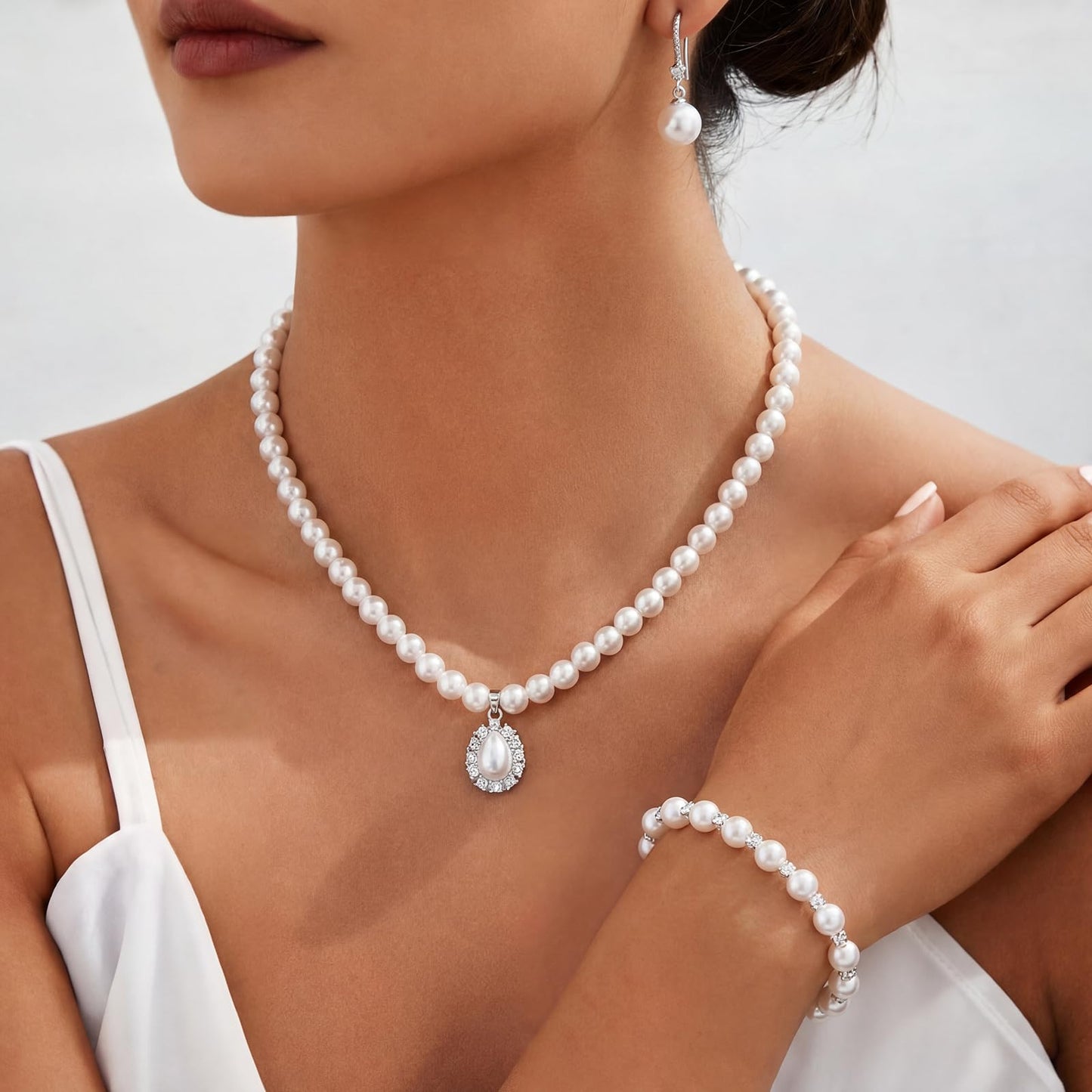 Glenmal Pearl Rhinestone Jewelry Set for Women Pearl Necklace Bracelet Earrings for Wedding Birthday Bridal Shower Tea Party(5 Pcs,Refined Style)