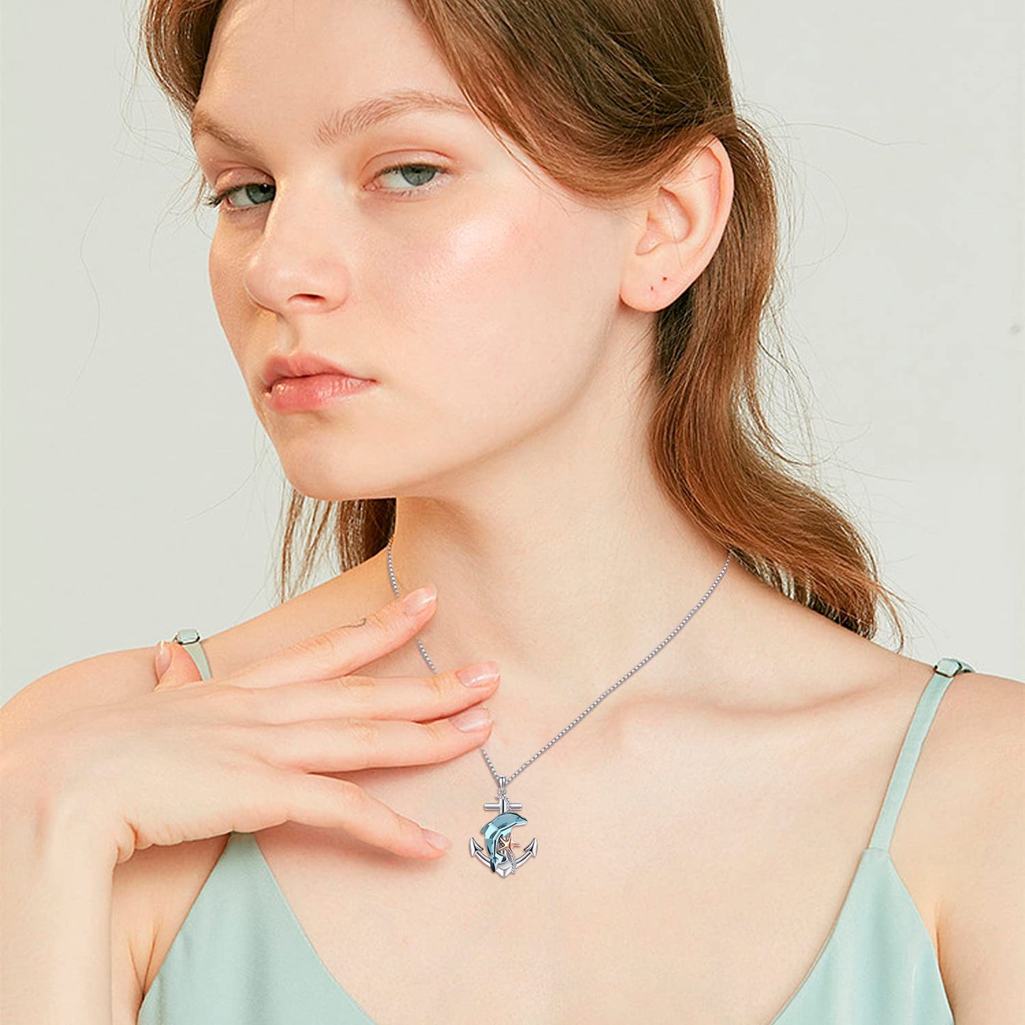 KoyeKei Dolphin Necklace Gifts for Women 925 Sterling Silver Anchor Dolphin Crystal Necklaces Nautical Ocean Pendant Beach Themed Jewelry Starfish Graduation Gifts for Daughter Best Friend Lover