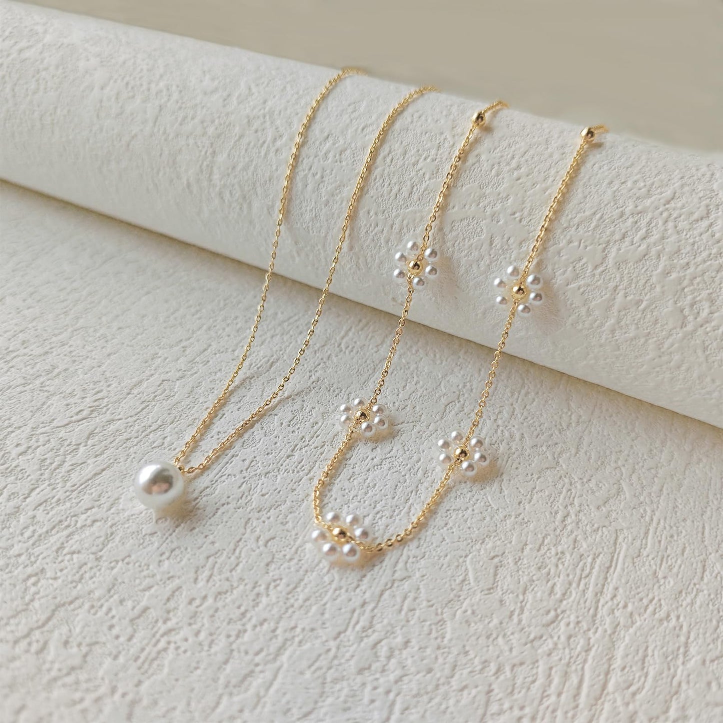 OGD Layered Gold Pearl Necklaces 14K Gold Plated Dainty Layered Single Simple Pearl Choker Chain Cute Daisy Pearls Choker Necklace Set Flower Necklaces for Women Trendy Jewelry Gifts